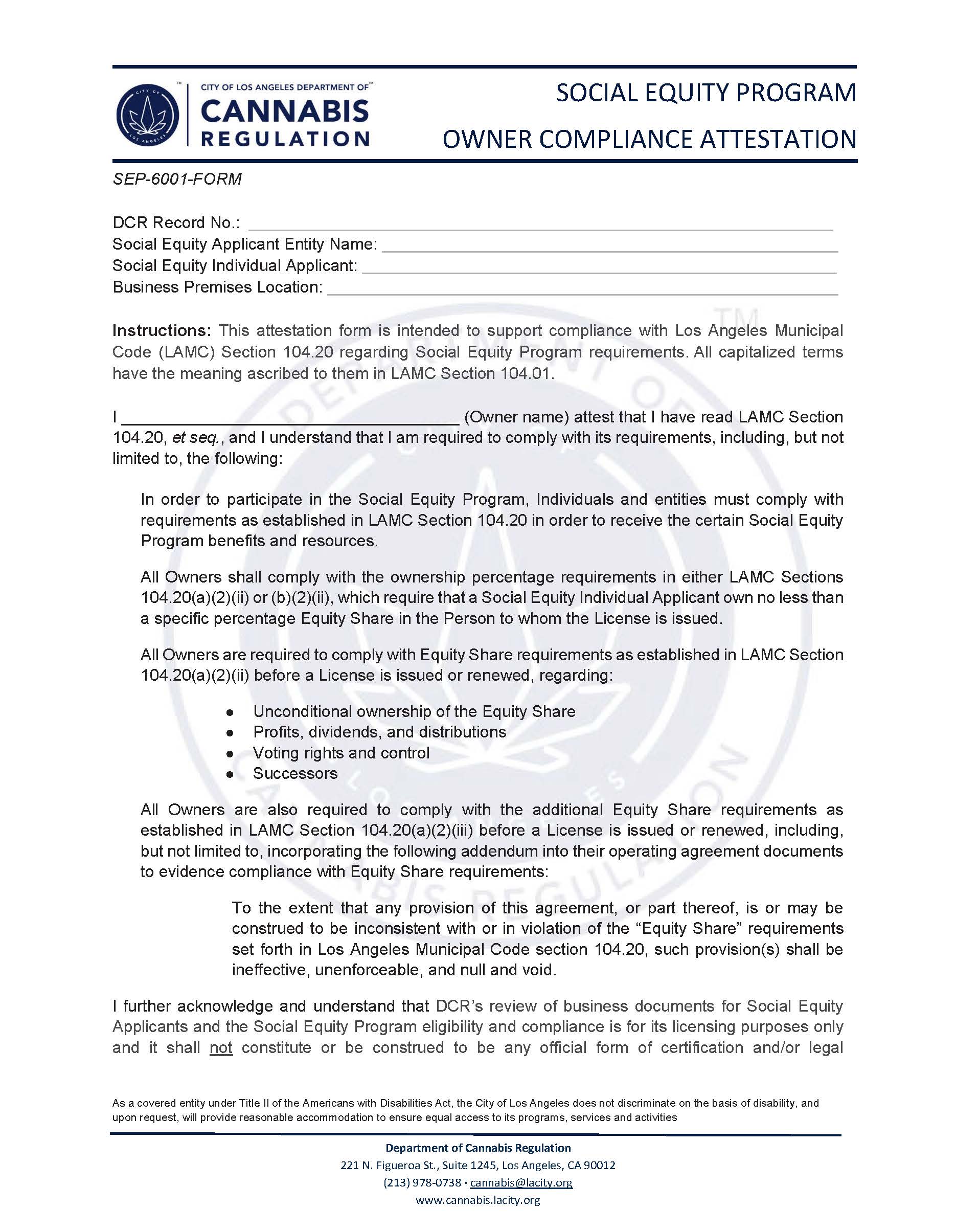 Social Equity Program-Owner Compliance Attestation (Cannabis Regulation) {SEP-6001-FORM} | Pdf Fpdf Docx | California