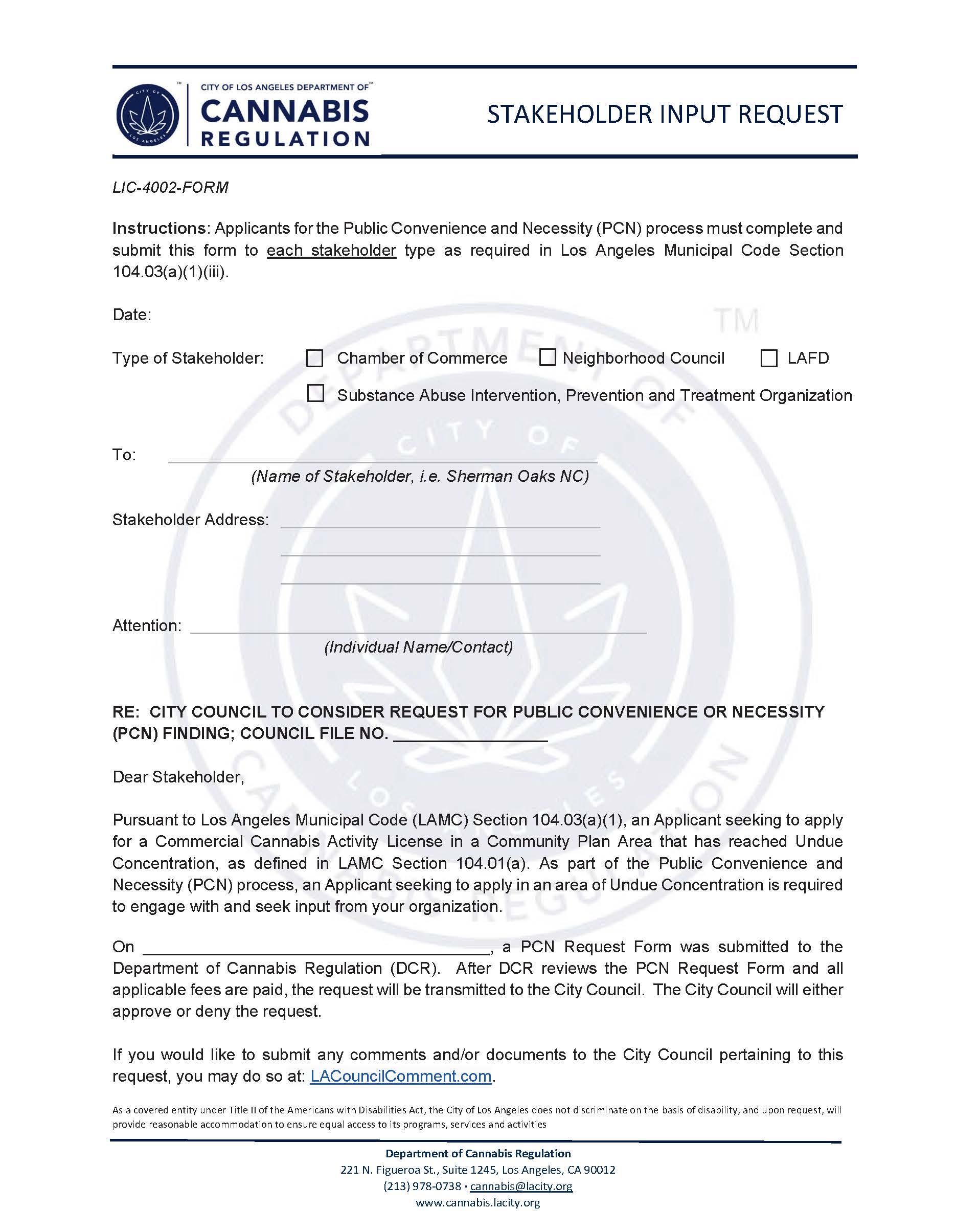 Stakeholder Input Request (Cannabis Regulation) {LIC-4002-FORM} | Pdf Fpdf Docx | California