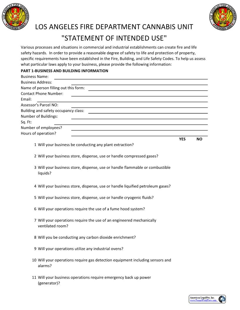 Statement Of Intended Use (Cannabis Regulation) {LAFD FORM} | Pdf Fpdf Docx | California