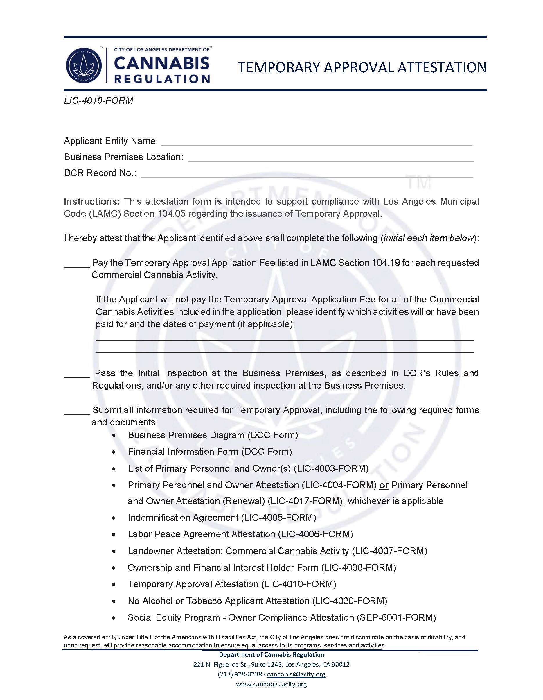 Temporary Approval Attestation (Cannabis Regulation) {LIC-4010-FORM} | Pdf Fpdf Docx | California