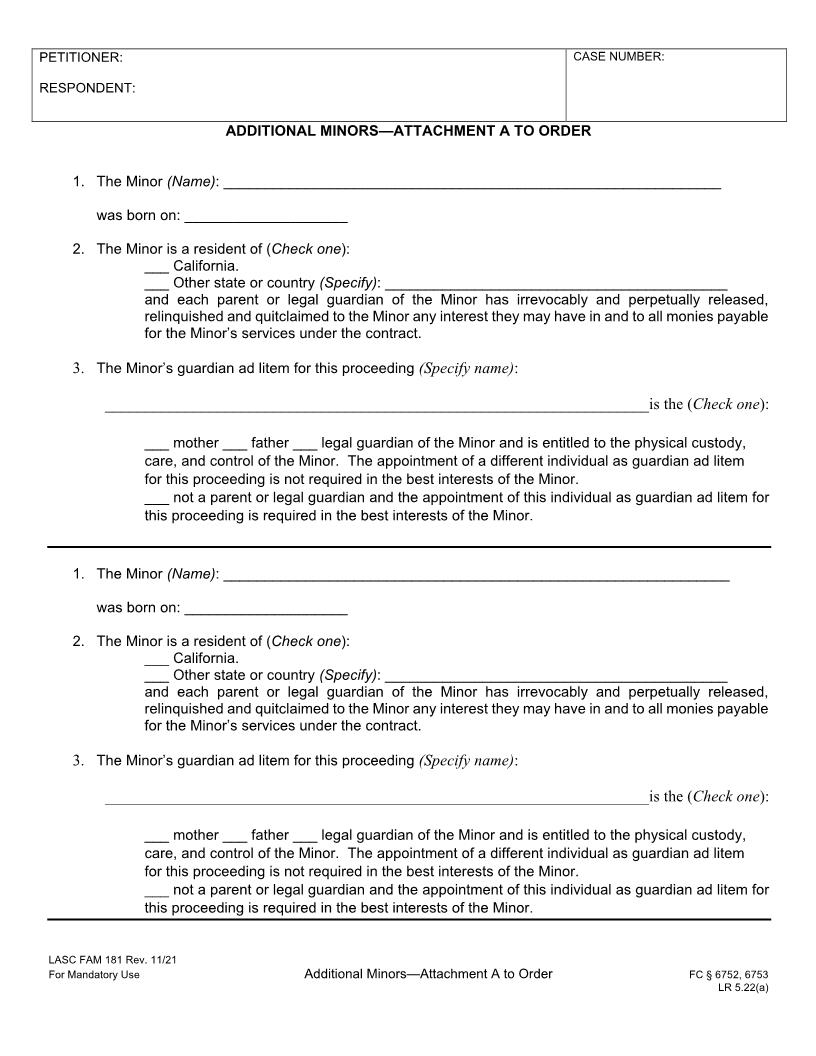 Additional Minors-Attachment A To Order {FAM181} | Pdf Fpdf Docx | California