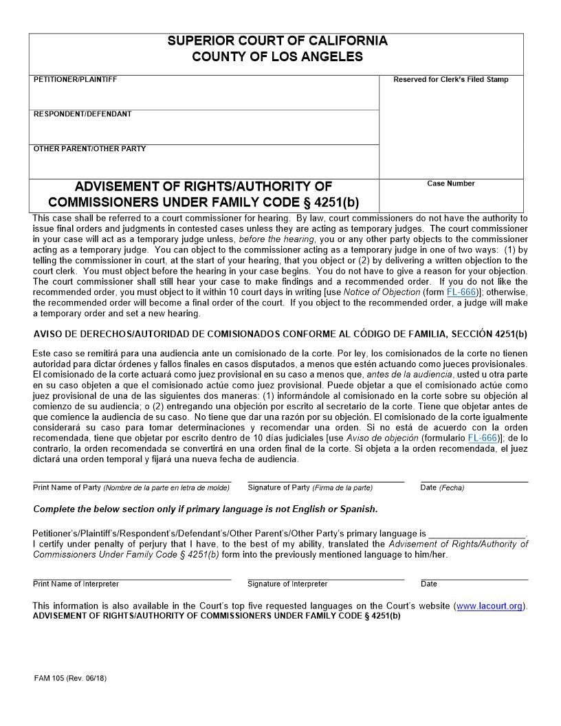Advisement Of Rights-Authority Of Commissioners Under Family Code 4251(b) {FAM105} | Pdf Fpdf Docx | California