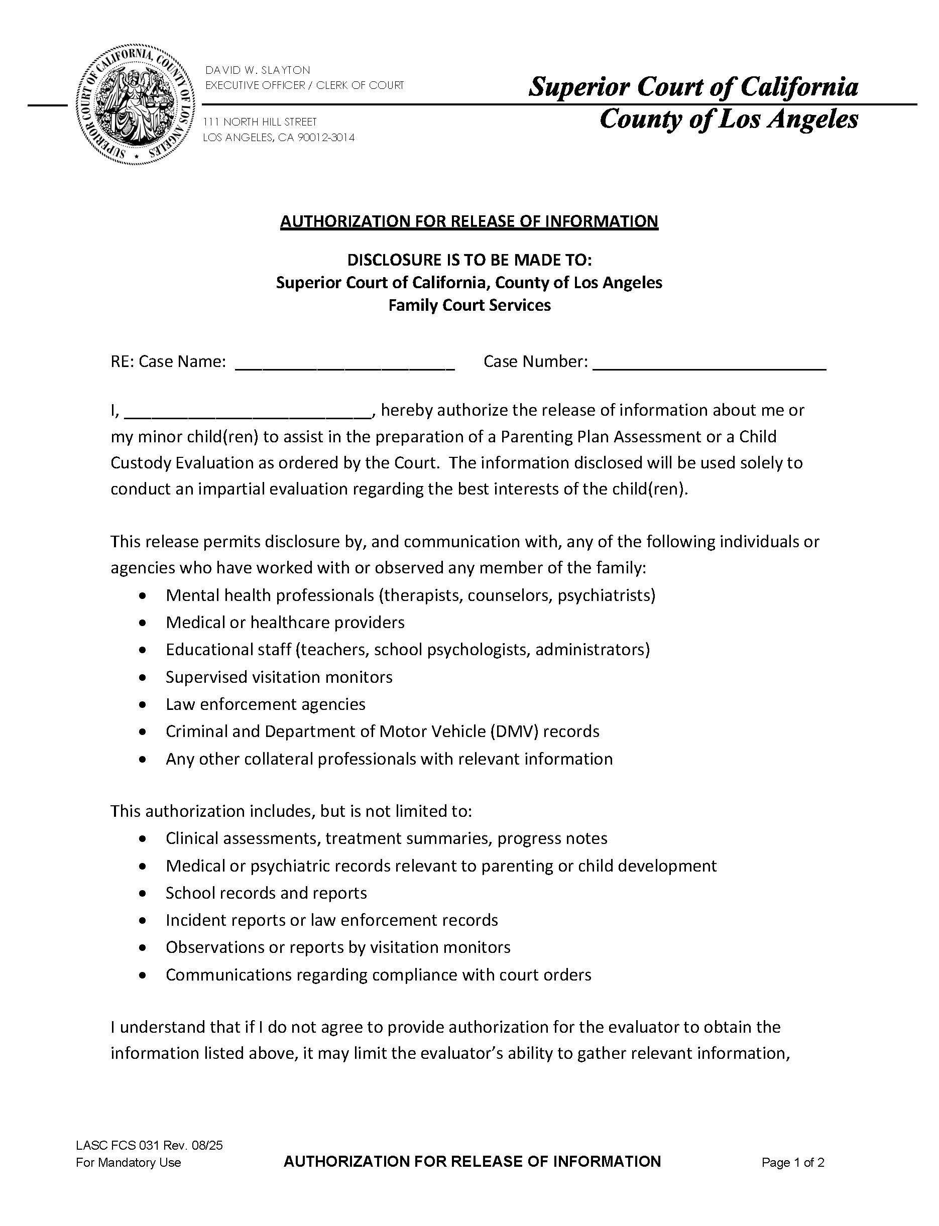 Authorization For Release Of Information {LASC FCS 031} | Pdf Fpdf Docx | California