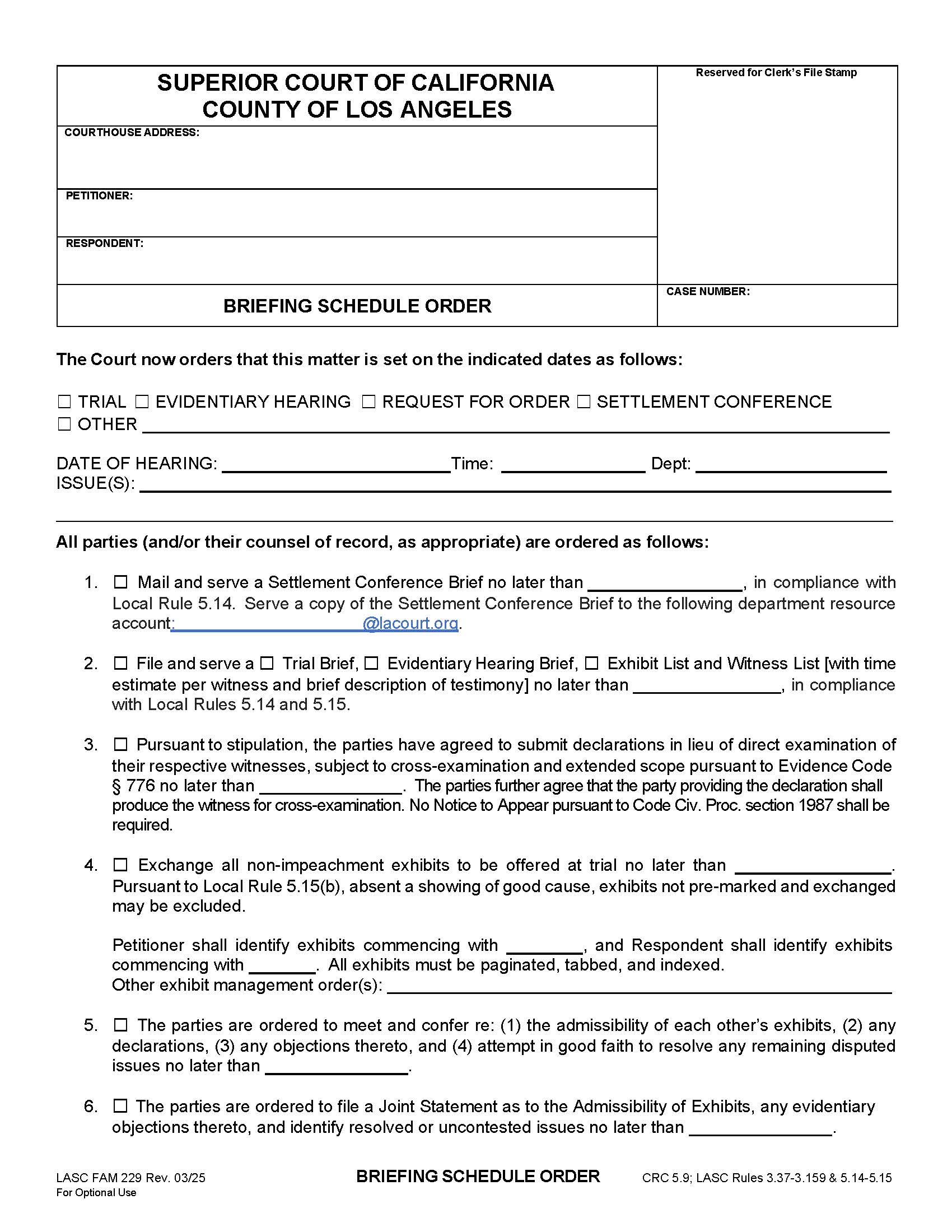 Briefing Schedule Order {LASC FAM 229} | Pdf Fpdf Docx | California