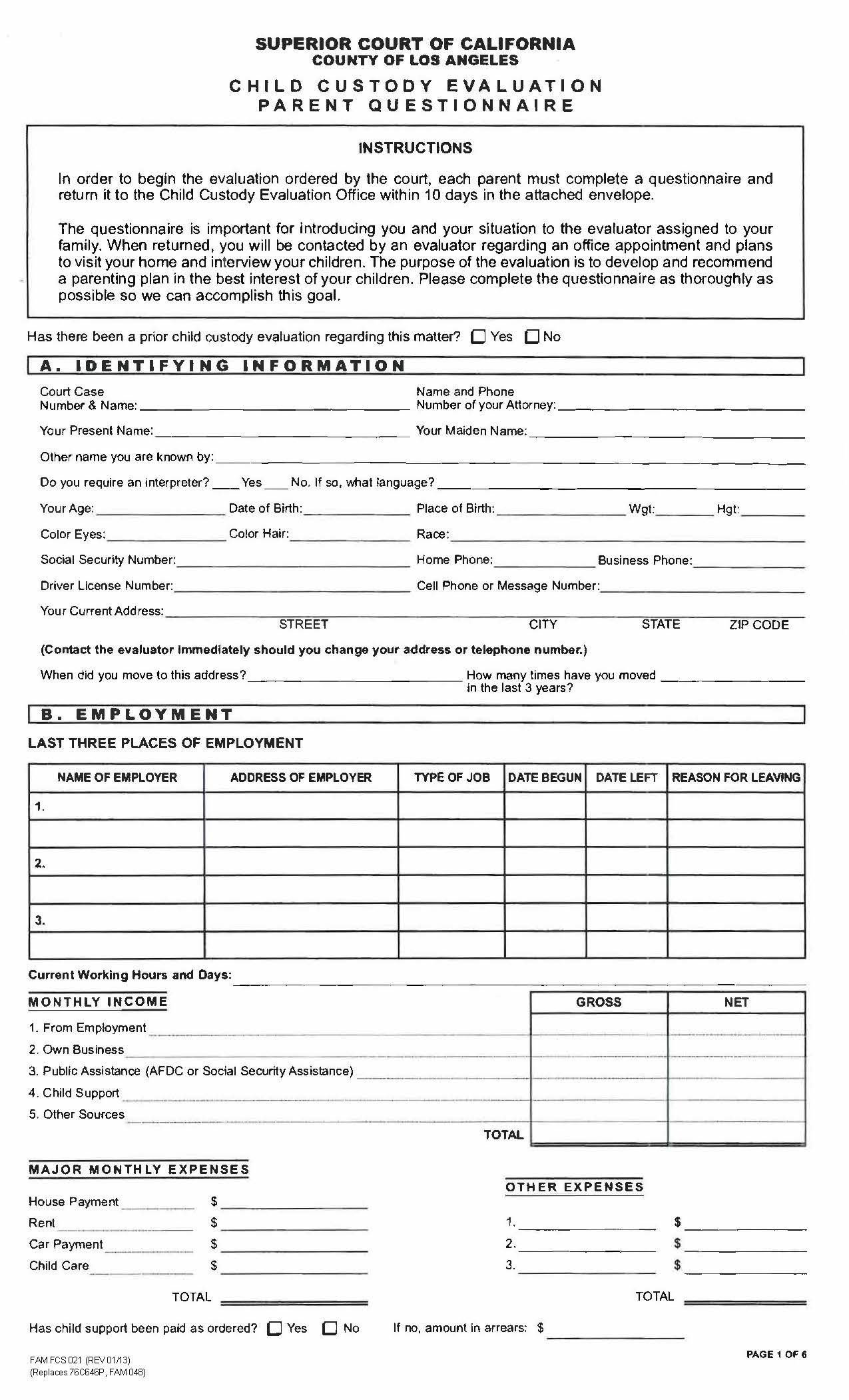 Child Custody Information Form And Parent Questionnaire {FAM-FCS021} | Pdf Fpdf Doc Docx | California
