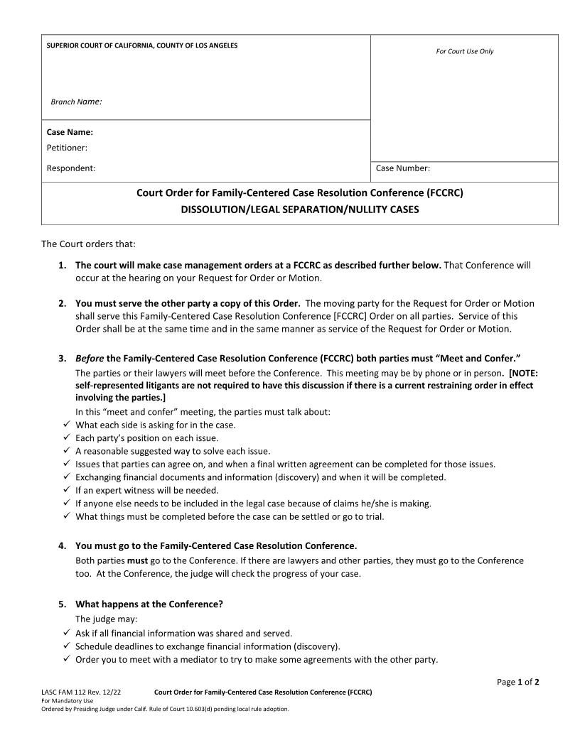 Court Order For Family-Centered Case Resolution Conference (FCCRC) {FAM112} | Pdf Fpdf Docx | California