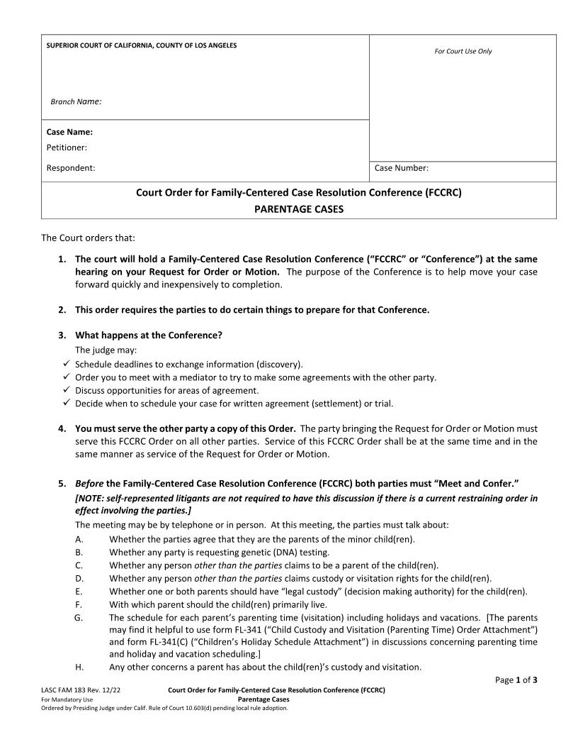 Court Order For Family-Centered Case Resolution Conference (FCCRC) Parentage Cases {FAM183} | Pdf Fpdf Docx | California