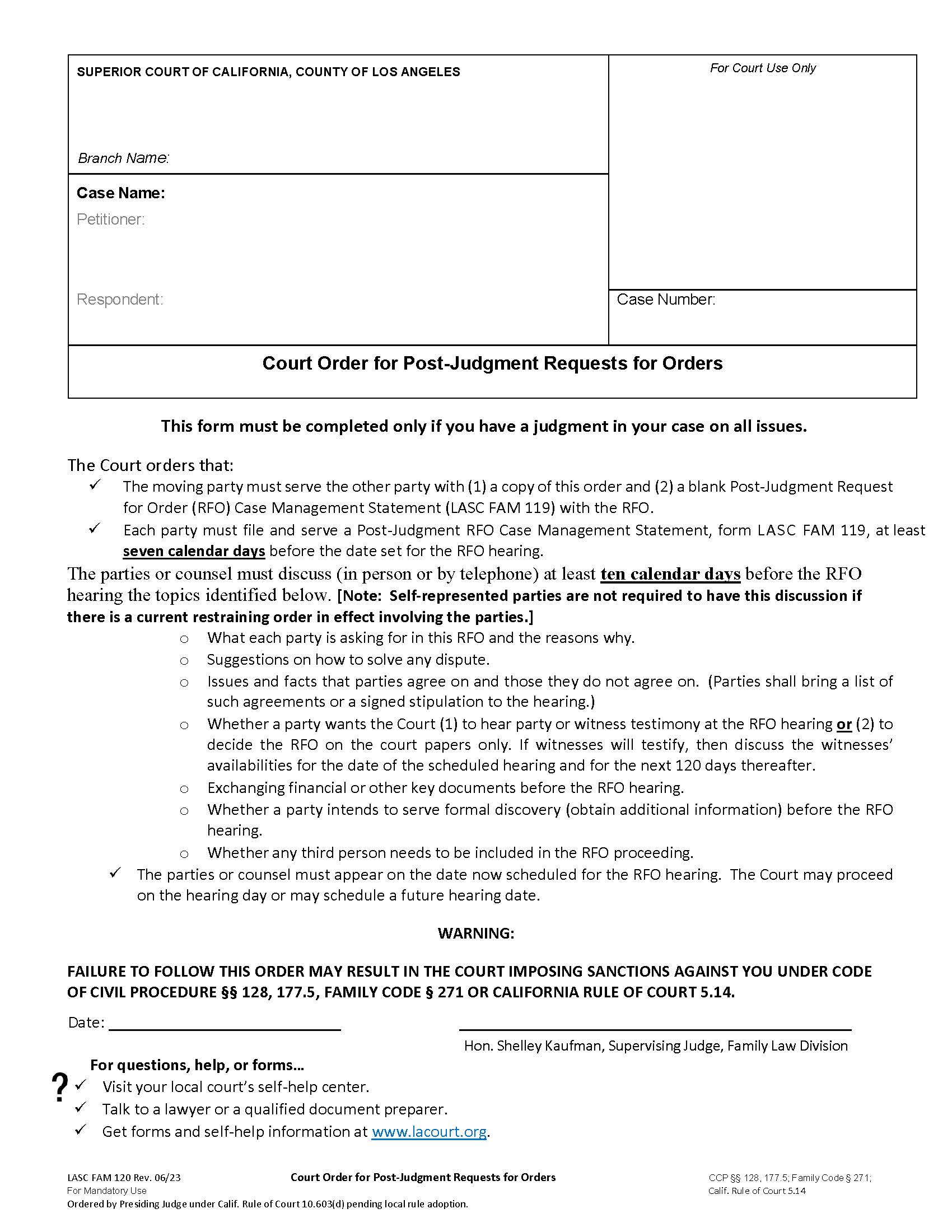 Court Order For Post-Judgment Requests For Orders {FAM120} | Pdf Fpdf Docx | California