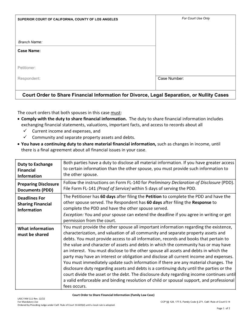 Court Order To Share Financial Information For Divorce Legal Separation Or Nullity Cases {FAM111} | Pdf Fpdf Docx | California