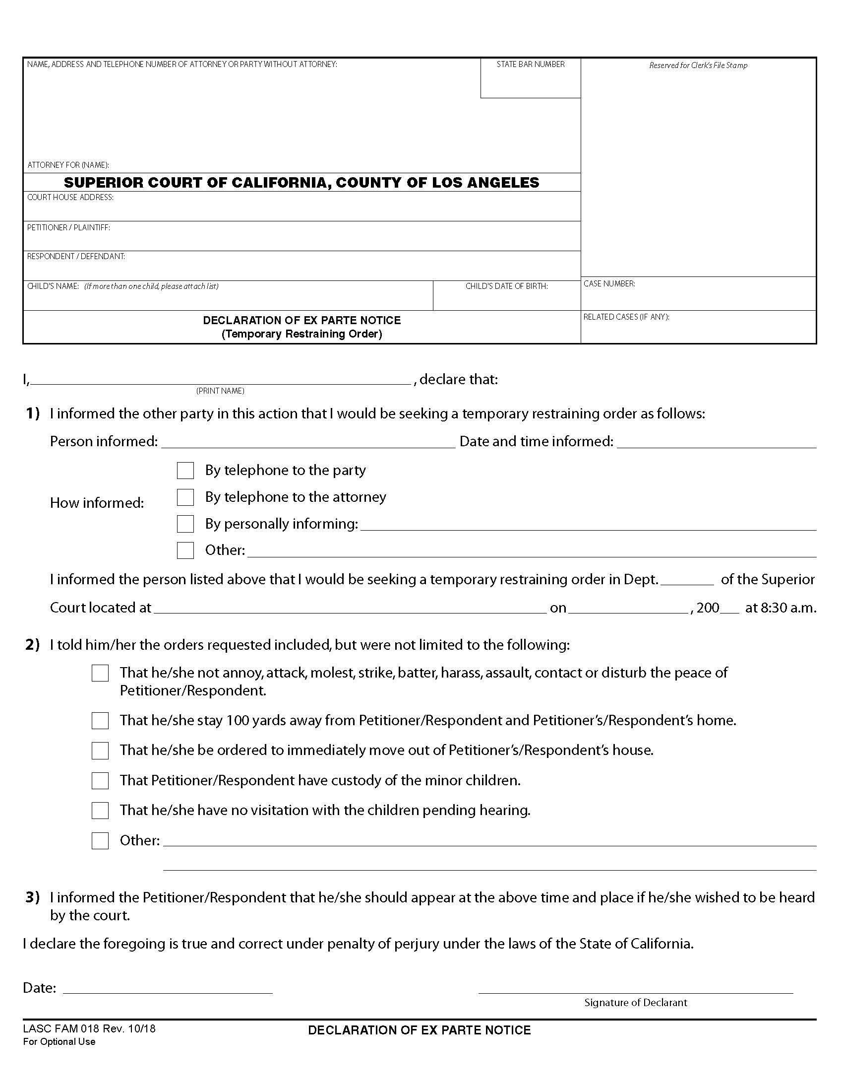 Declaration Of Ex Parte Notice {FAM 018} | Pdf Fpdf Docx | California