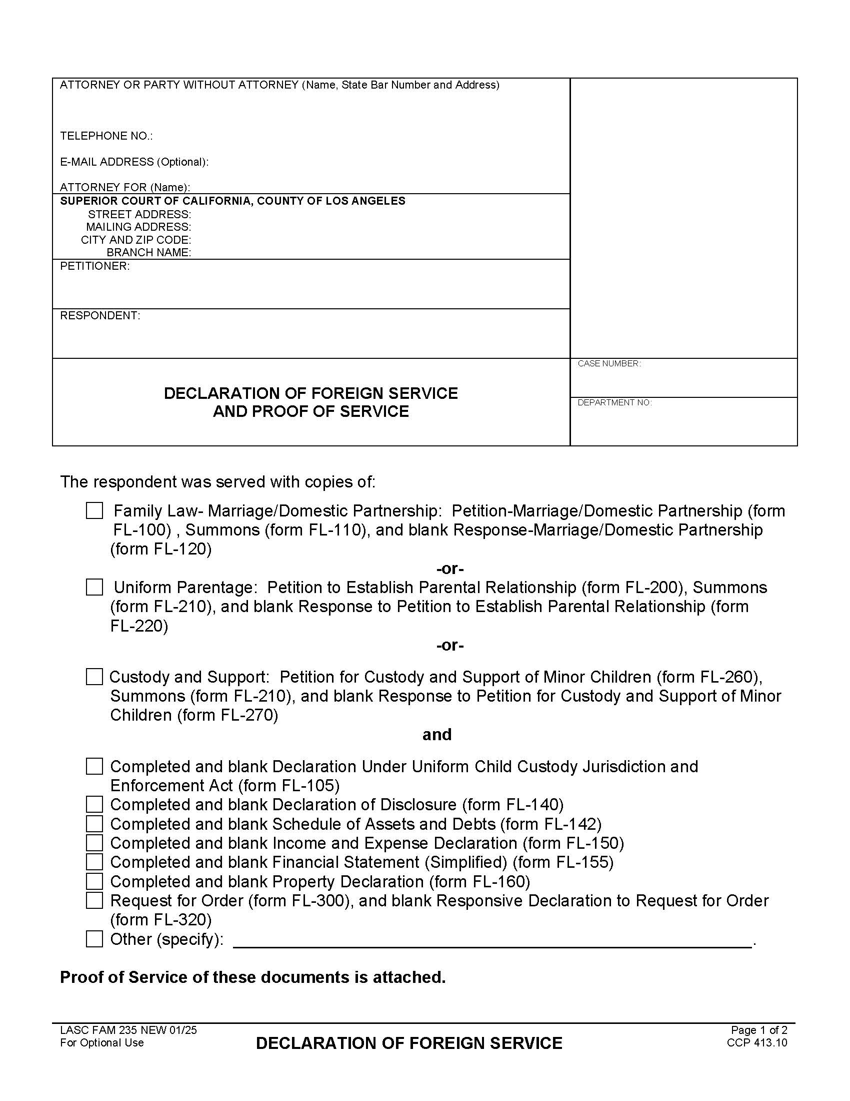 Declaration Of Foreign Service And Proof Of Service {FAM 235} | Pdf Fpdf Docx | California