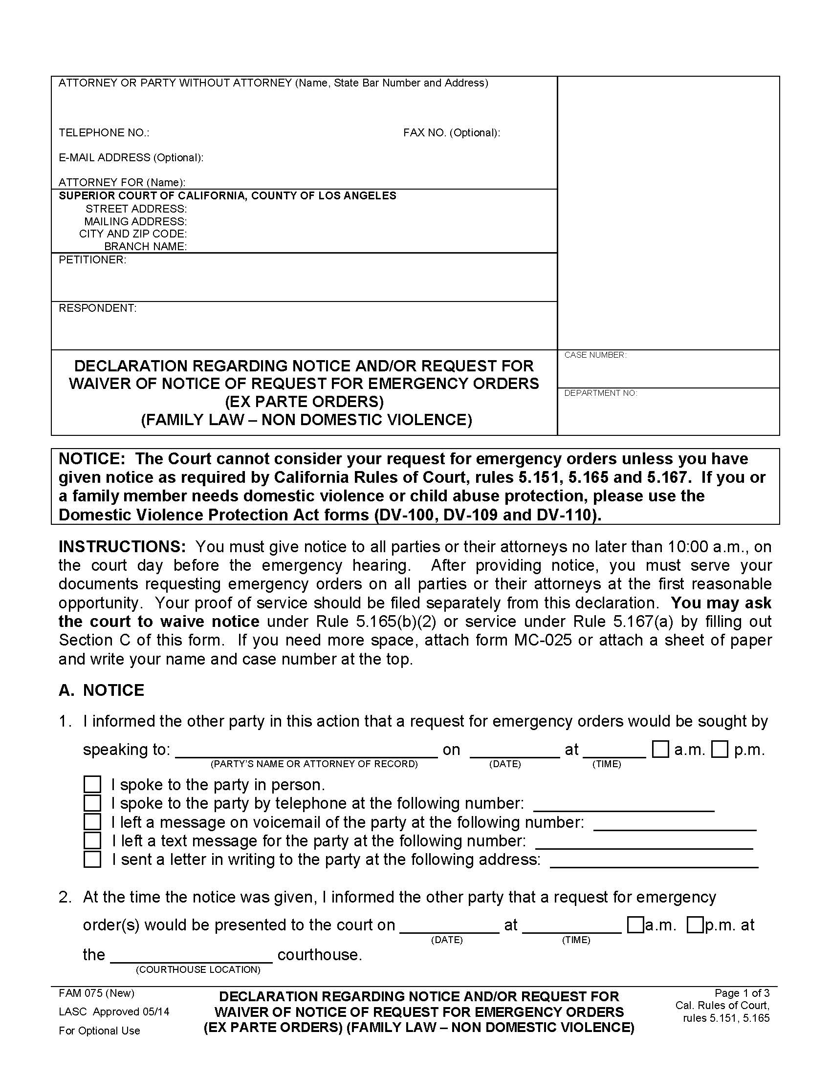 Declaration Regarding Notice And-Or Request For Waiver Of Notice {FAM 075} | Pdf Fpdf Doc Docx | California