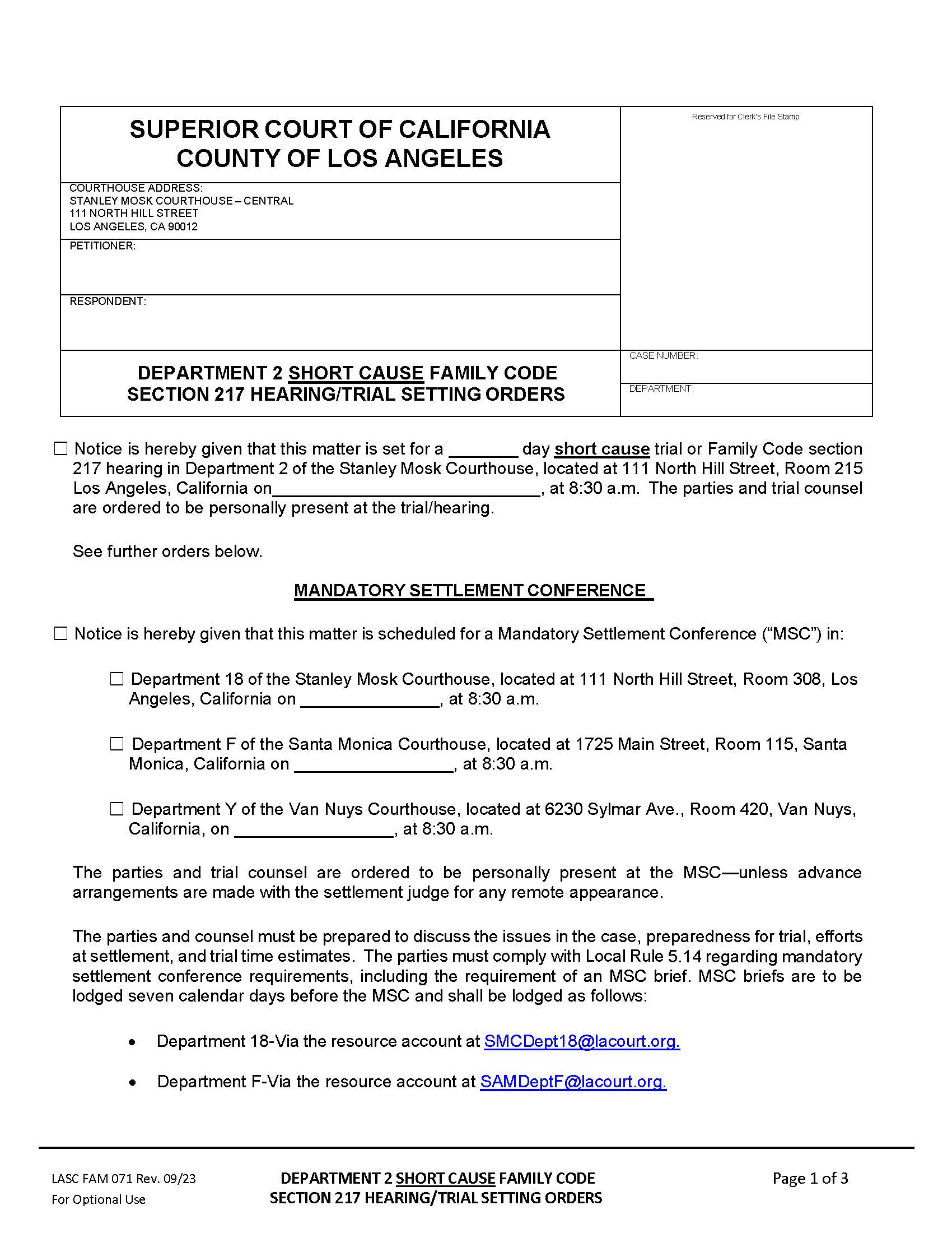 Department 2 Family Code Section 217 Hearing-Trial Setting Orders {FAM071} | Pdf Fpdf Docx | California