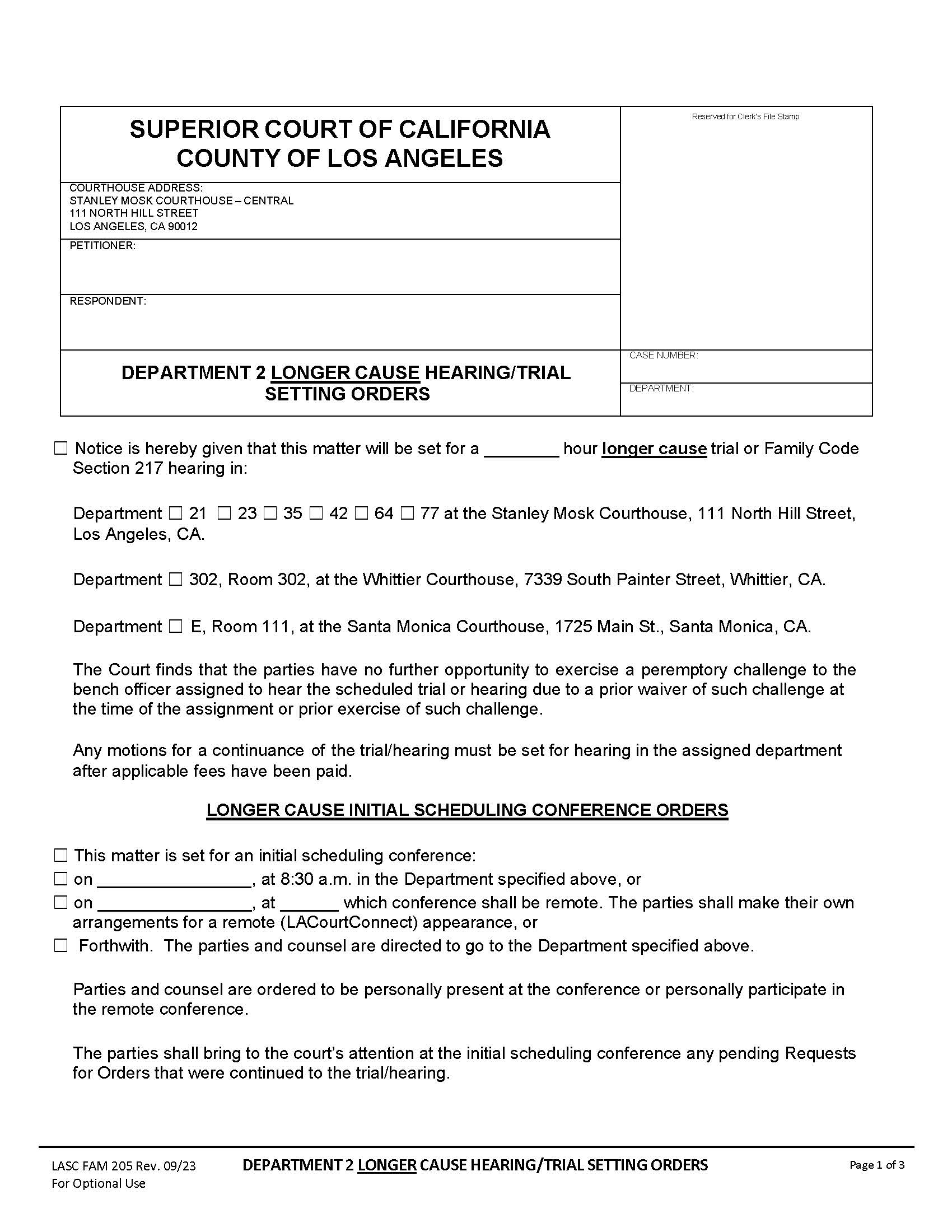 Department 2 Longer Cause Hearing-Trial Setting Orders {FAM205} | Pdf Fpdf Docx | California