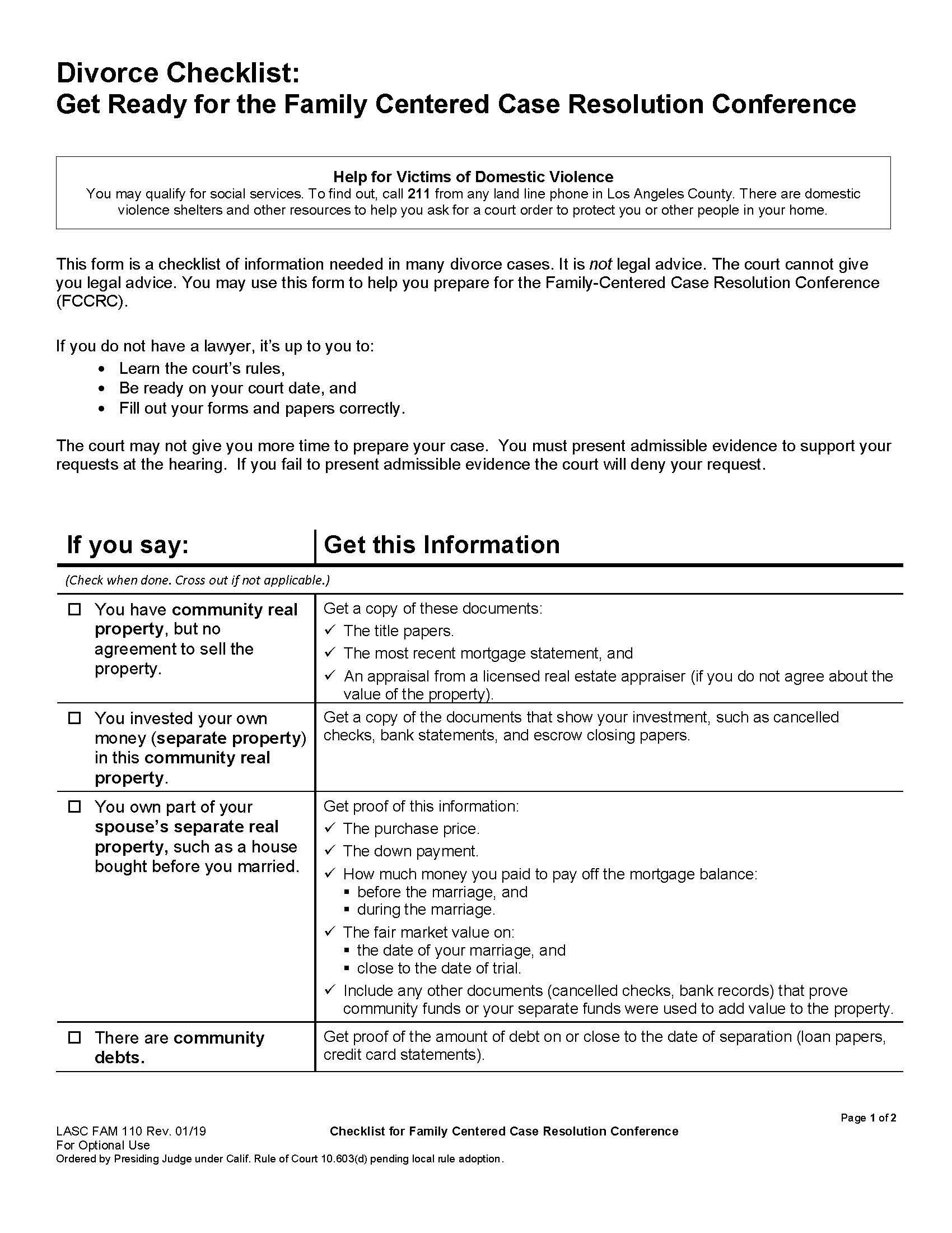 Divorce Checklist Get Ready For The Family Centered Case Resolution Conference {FAM110} | Pdf Fpdf Docx | California