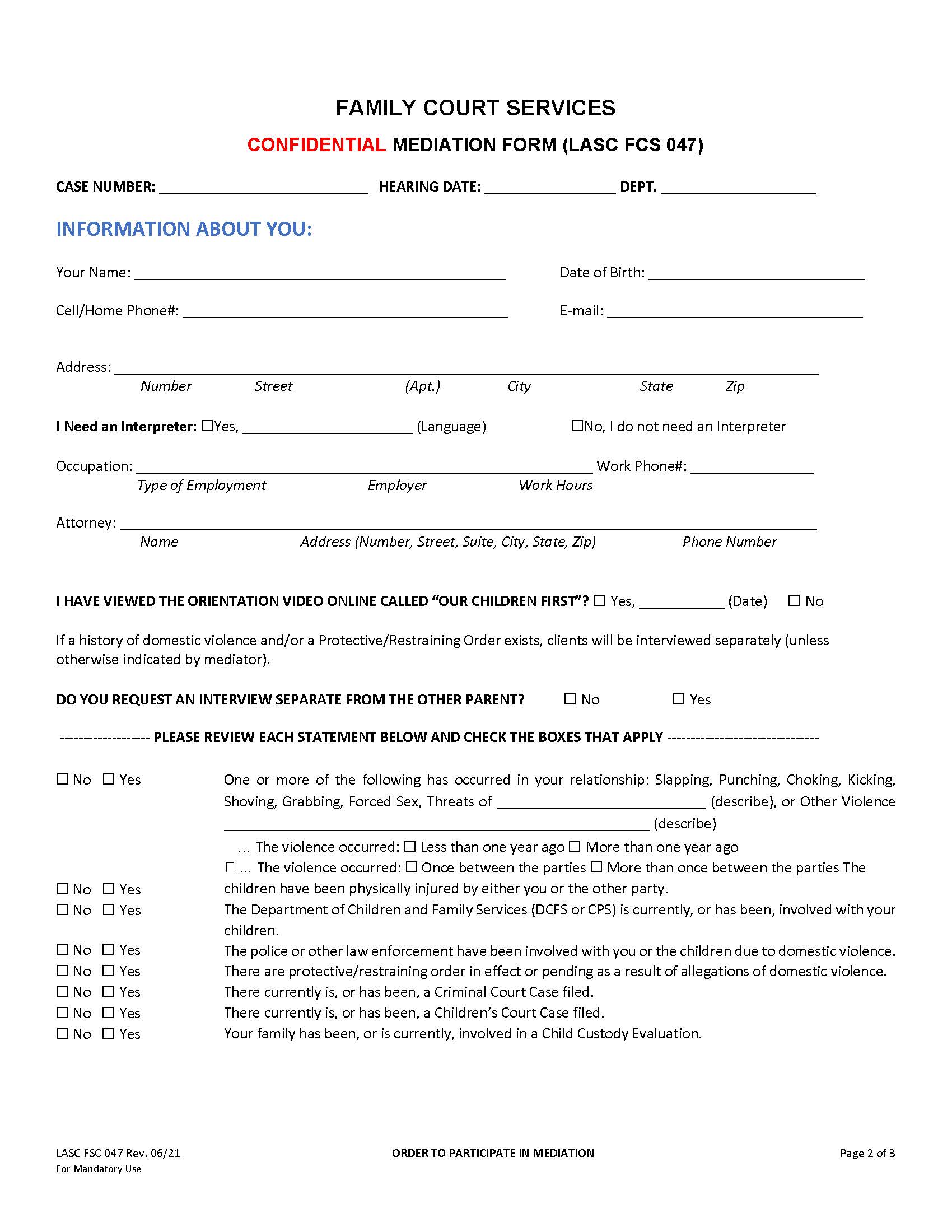 Family Court Services Confidential Mediation Form (English) {FCS047} | Pdf Fpdf Docx | California
