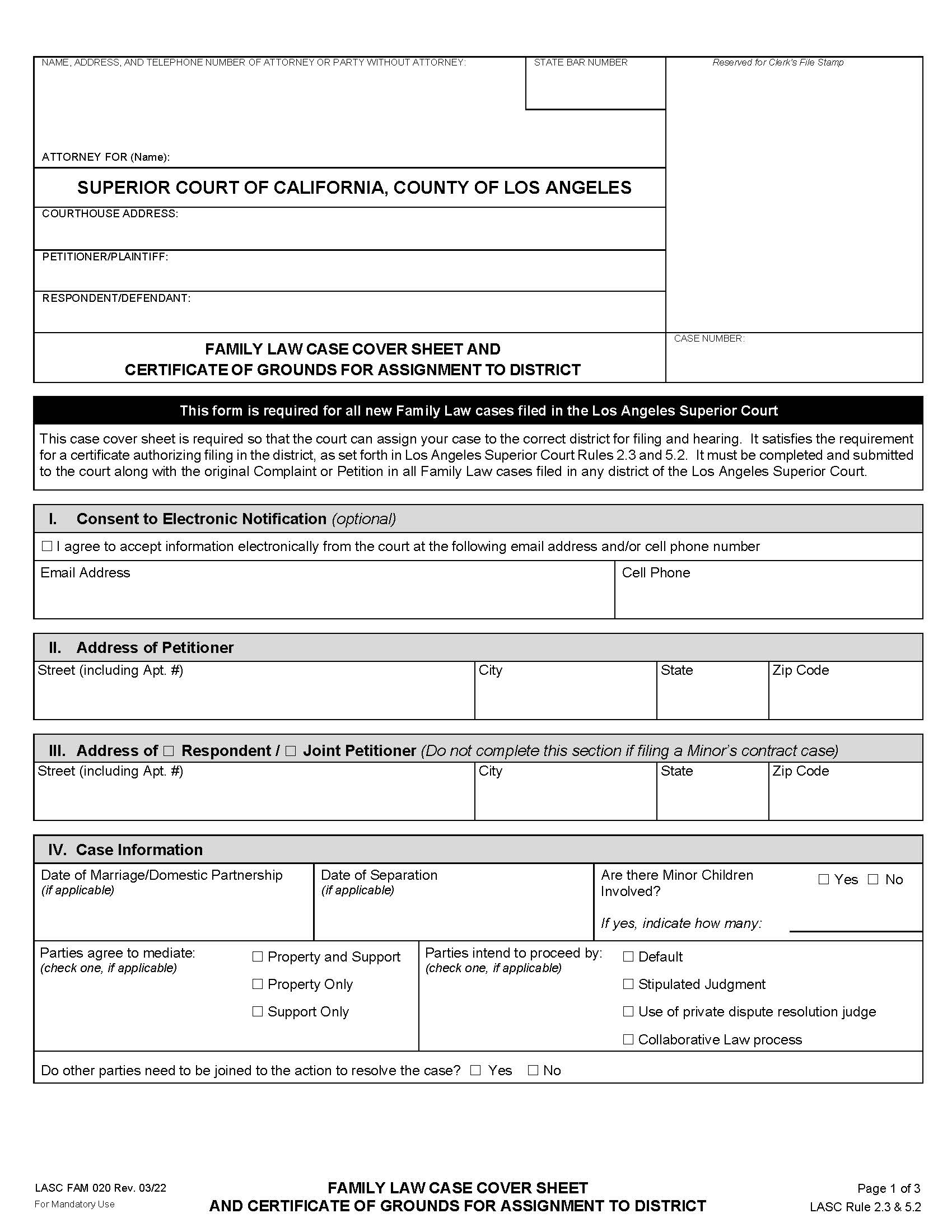 Family Law Case Cover Sheet Certificate Of Grounds For Assignment To District {FAM020} | Pdf Fpdf Docx | California