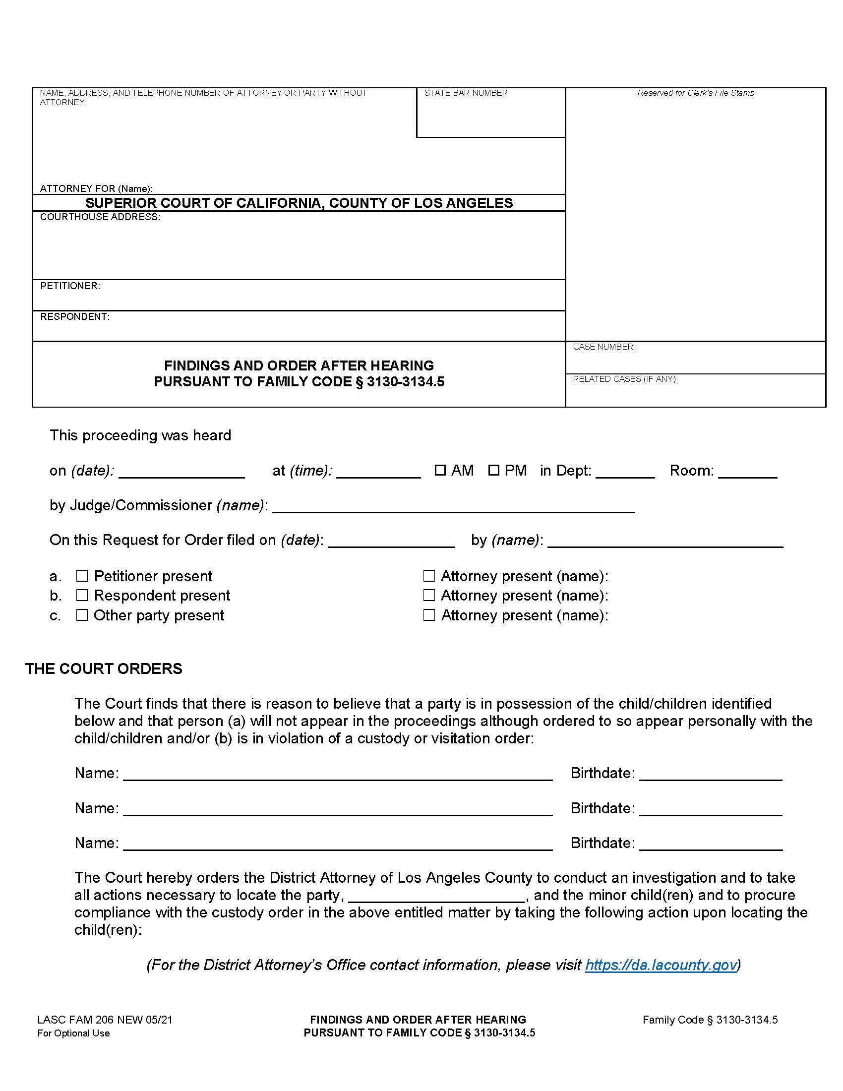 Findings And Order After Hearing Pursuant To Family Code Section 3130-3134.5 {FAM206} | Pdf Fpdf Docx | California