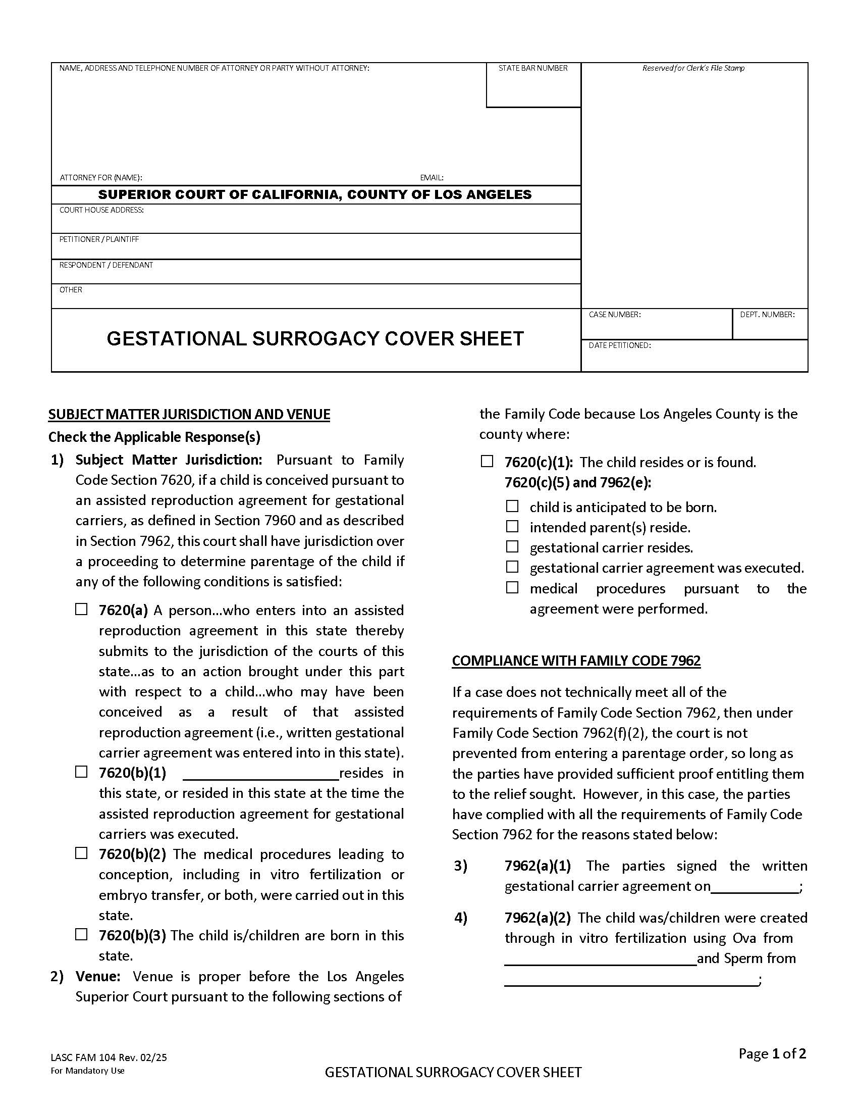 Gestational Surrogacy Cover Sheet {LASC FAM 104} | Pdf Fpdf Docx | California