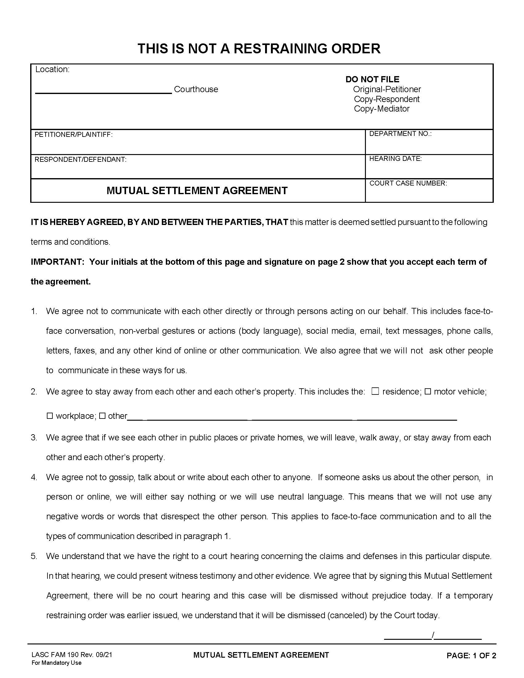 Mutual Settlement Agreement {FAM190} | Pdf Fpdf Docx | California