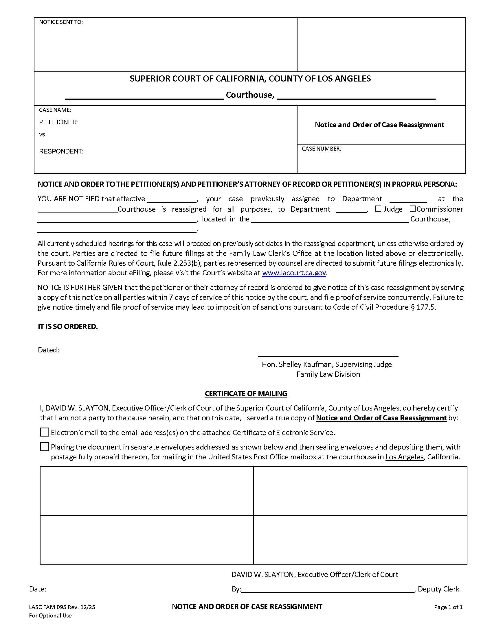 Notice And Order Of Case Reassignment {FAM095} | Pdf Fpdf Docx | California