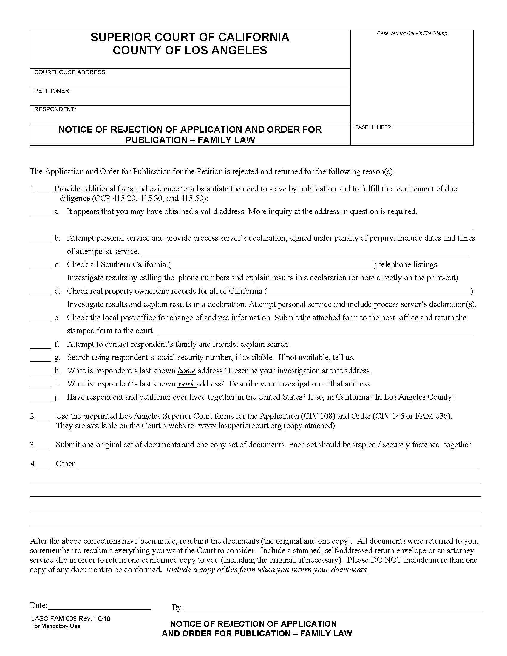 Notice Of Rejection Of Application And Order For Publication-Family Law {FAM009} | Pdf Fpdf Docx | California