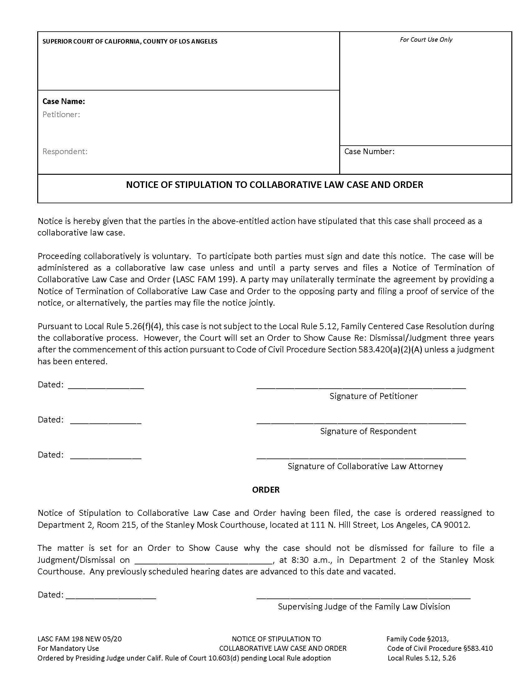 Notice Of Stipulation To Collaborative Law Case And Order {FAM198} | Pdf Fpdf Docx | California