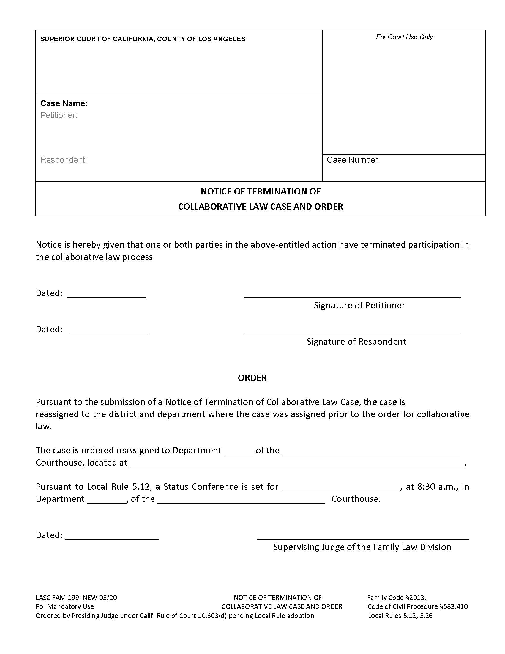 Notice Of Termination Of Collaborative Law Case And Order {FAM199} | Pdf Fpdf Docx | California