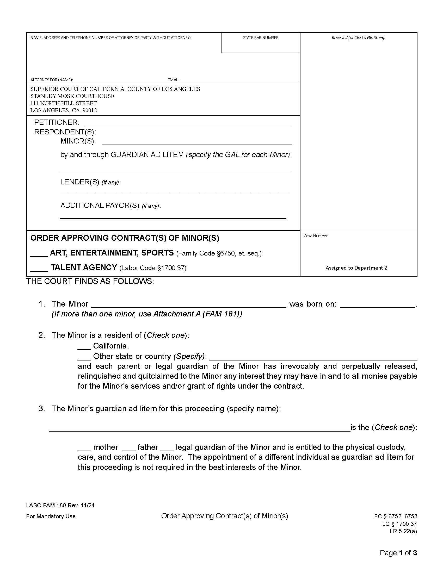 Order Approving Contracts Of Minor {FAM180} | Pdf Fpdf Docx | California