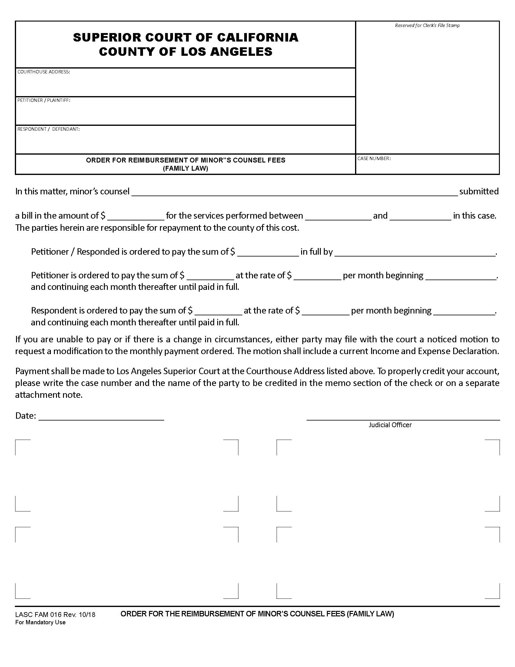 Order For Reimbursement Of Minors Counsel Fees (Family Law) {FAM016} | Pdf Fpdf Docx | California