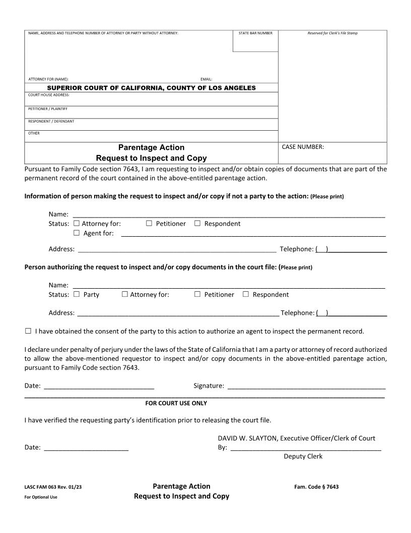 Parentage Action Request To Inspect And Copy {FAM 063} | Pdf Fpdf Docx | California