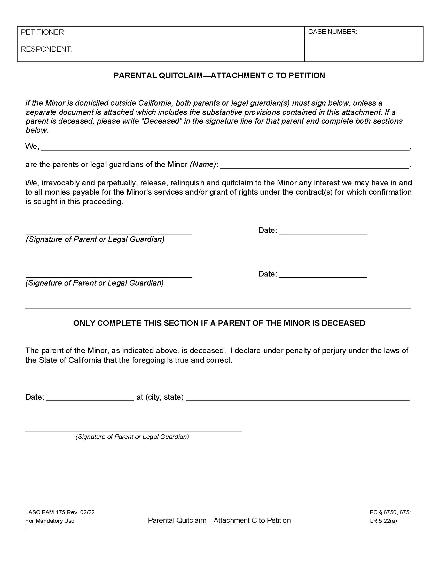 Parental Quitclaim-Attachment C To Petition {FAM175} | Pdf Fpdf Docx | California