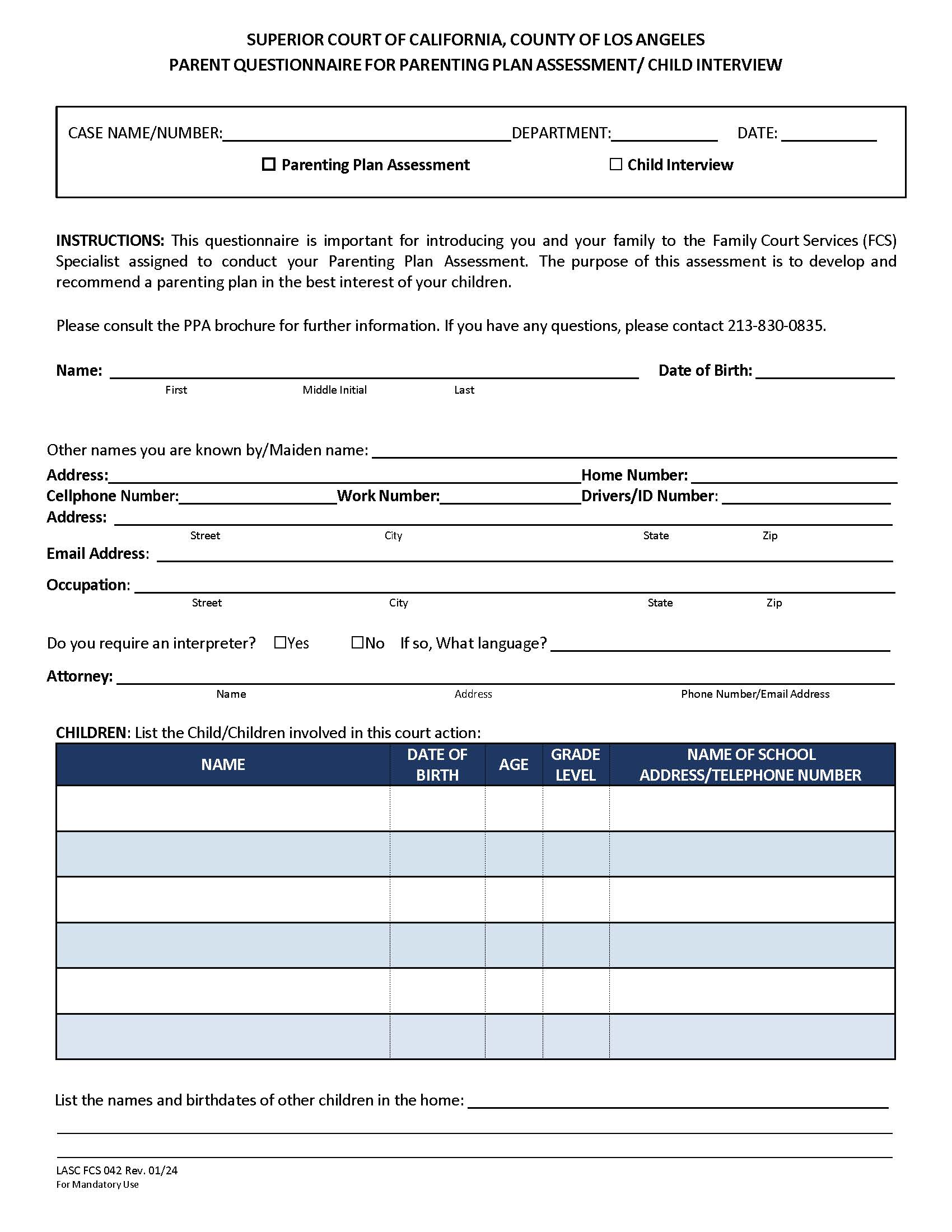 Parenting Plan Assessment Parent Questionnaire {LASC FCS 042} | Pdf Fpdf Docx | California
