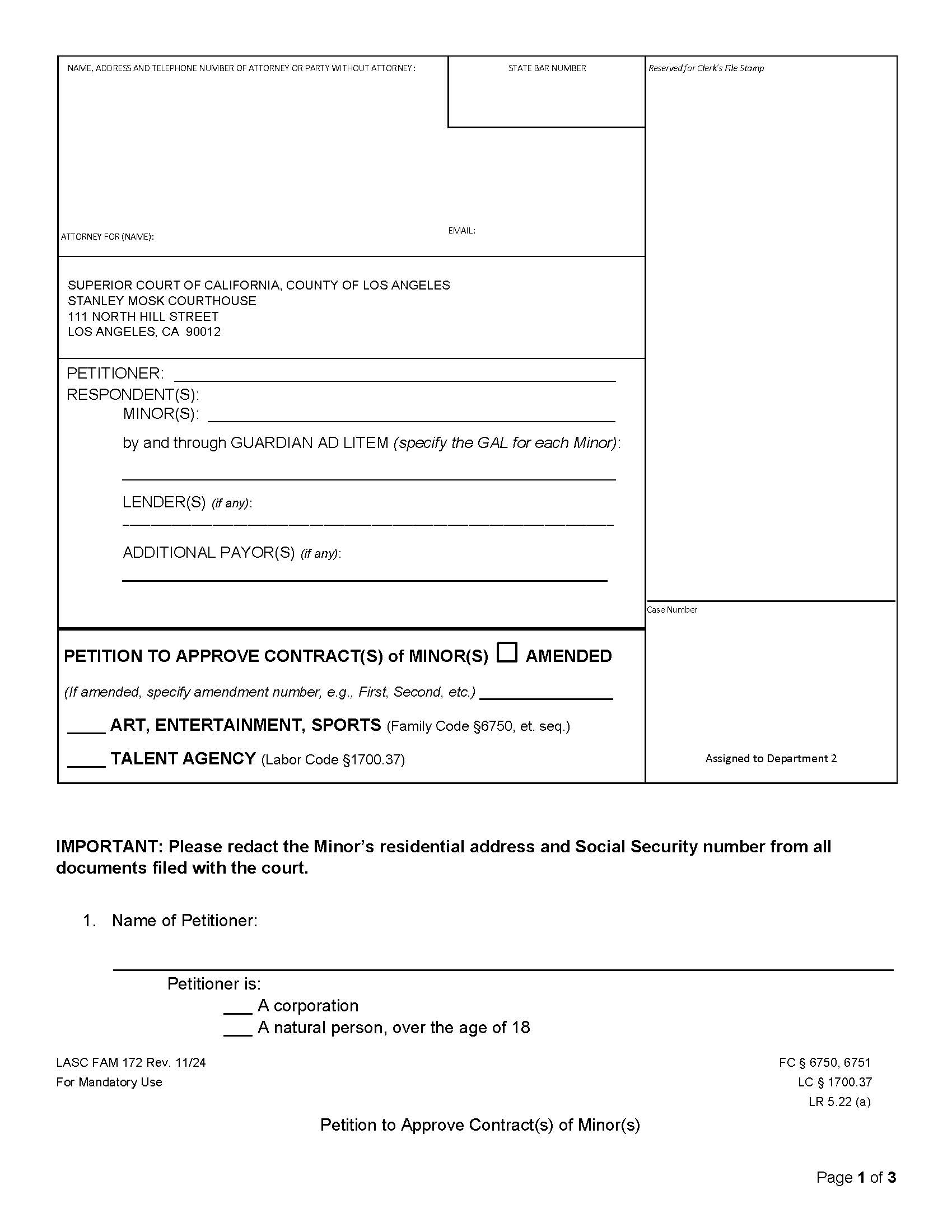 Petition To Approve Contract(s) Of Minor(s) {FAM172} | Pdf Fpdf Docx | California