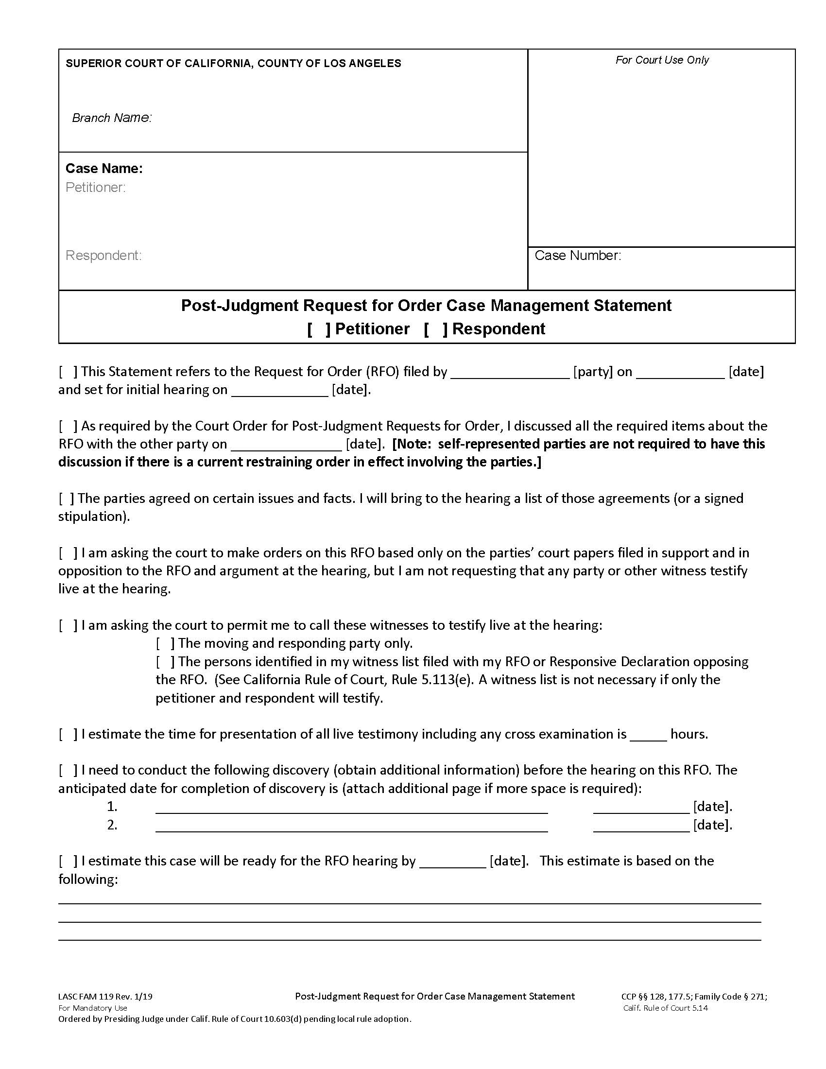 Post-Judgment Request For Order Case Management Statement {FAM119} | Pdf Fpdf Docx | California