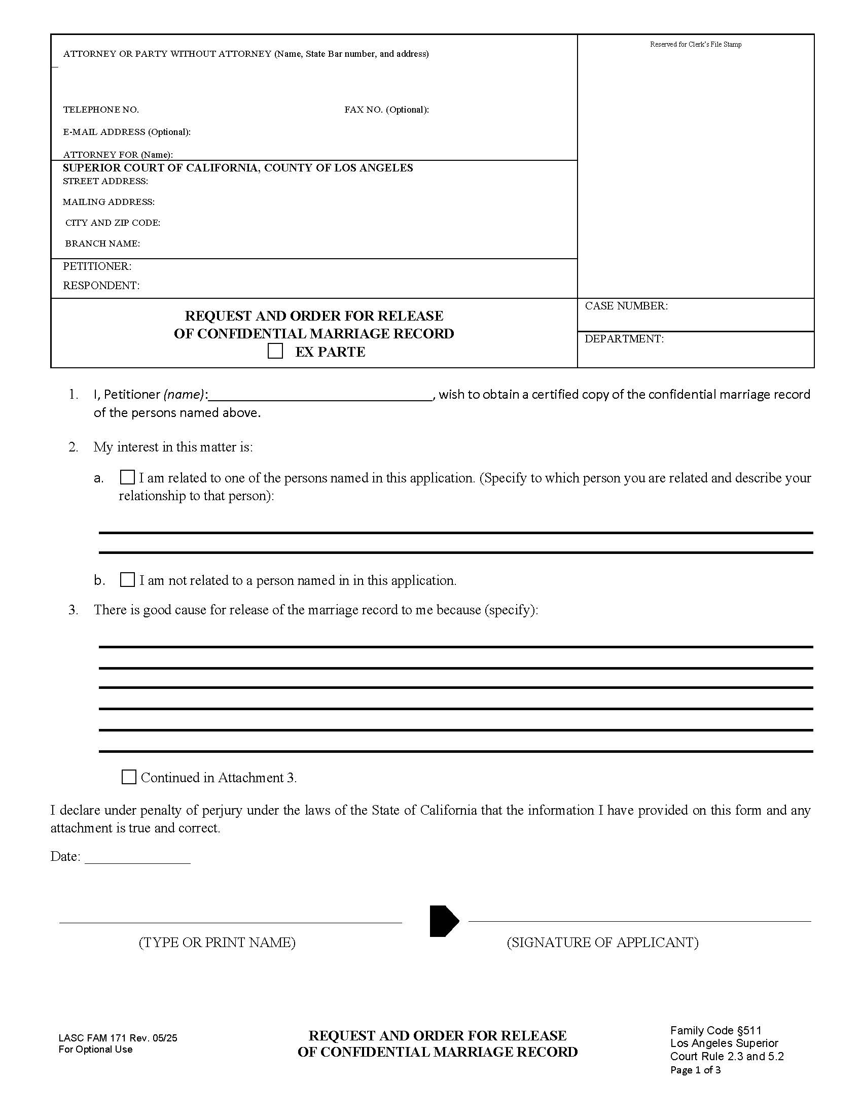 Request And Order For Release Of Confidential Marriage Record {FAM171} | Pdf Fpdf Docx | California