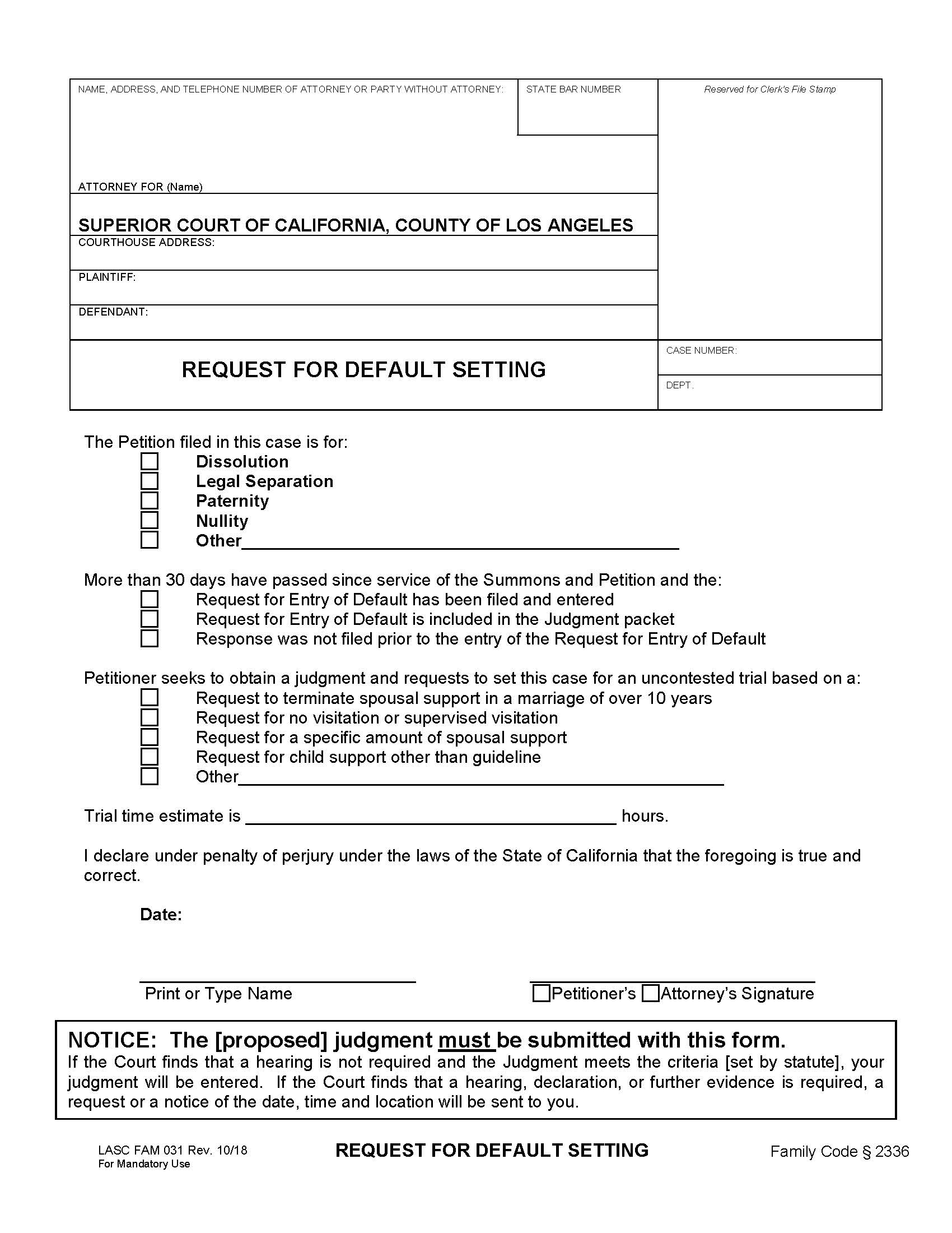 Request For Default Setting (Domestic Relations And Branch District Civil Actions) {FAM 031} | Pdf Fpdf Docx | California