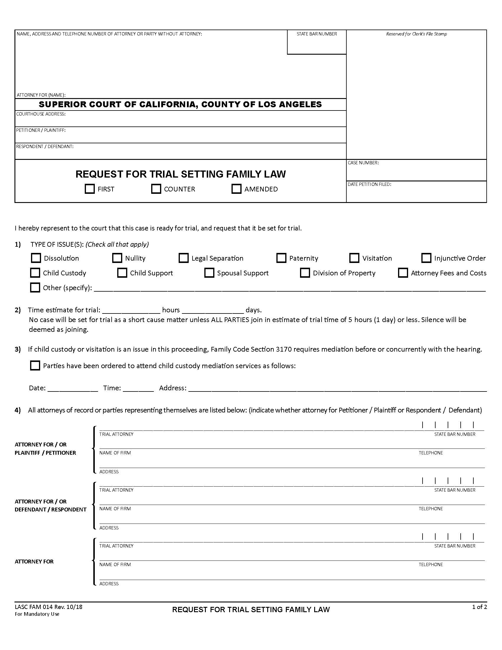 Request For Trial Setting {FAM 014} | Pdf Fpdf Doc Docx | California