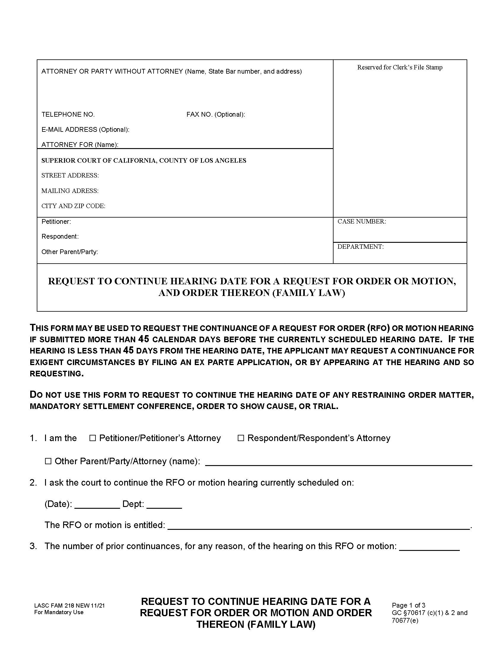 Request To Continue Hearing Date For A Request For Order Or Motion {FAM218} | Pdf Fpdf Docx | California