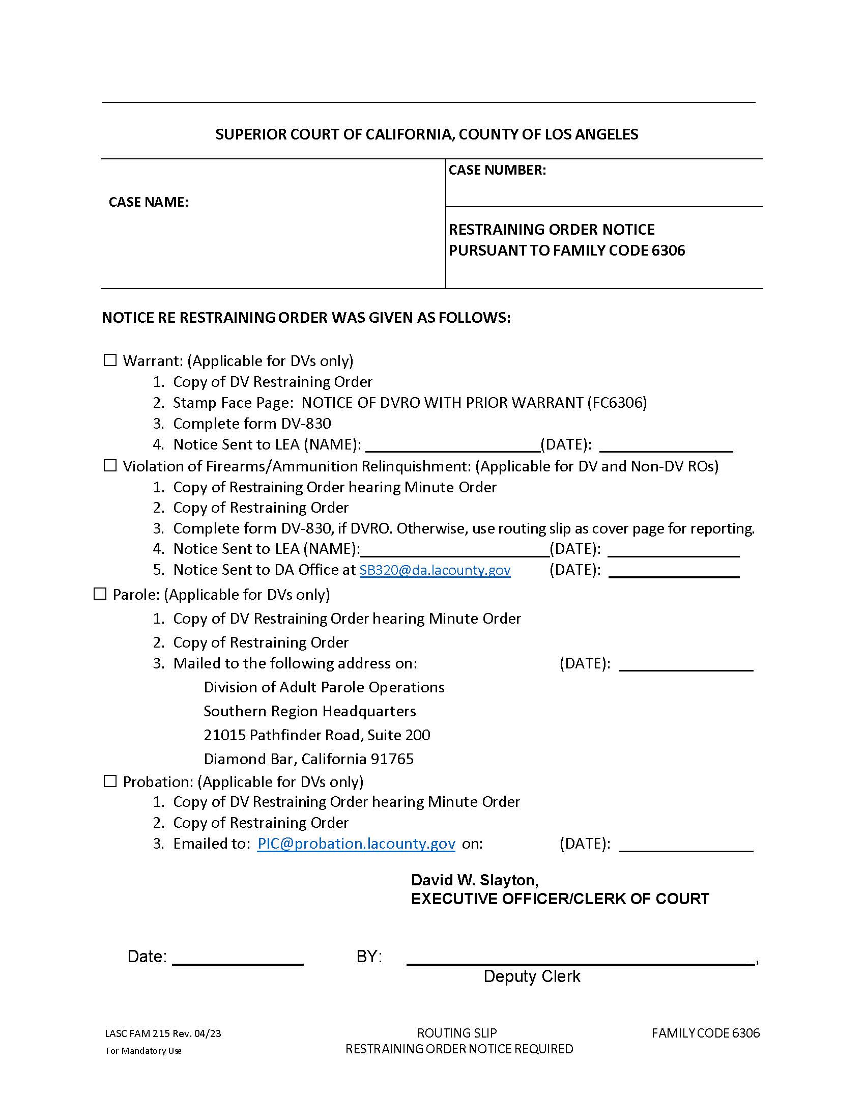 Restraining Order Notice Pursuant To Family Code 6306 {FAM215} | Pdf Fpdf Docx | California