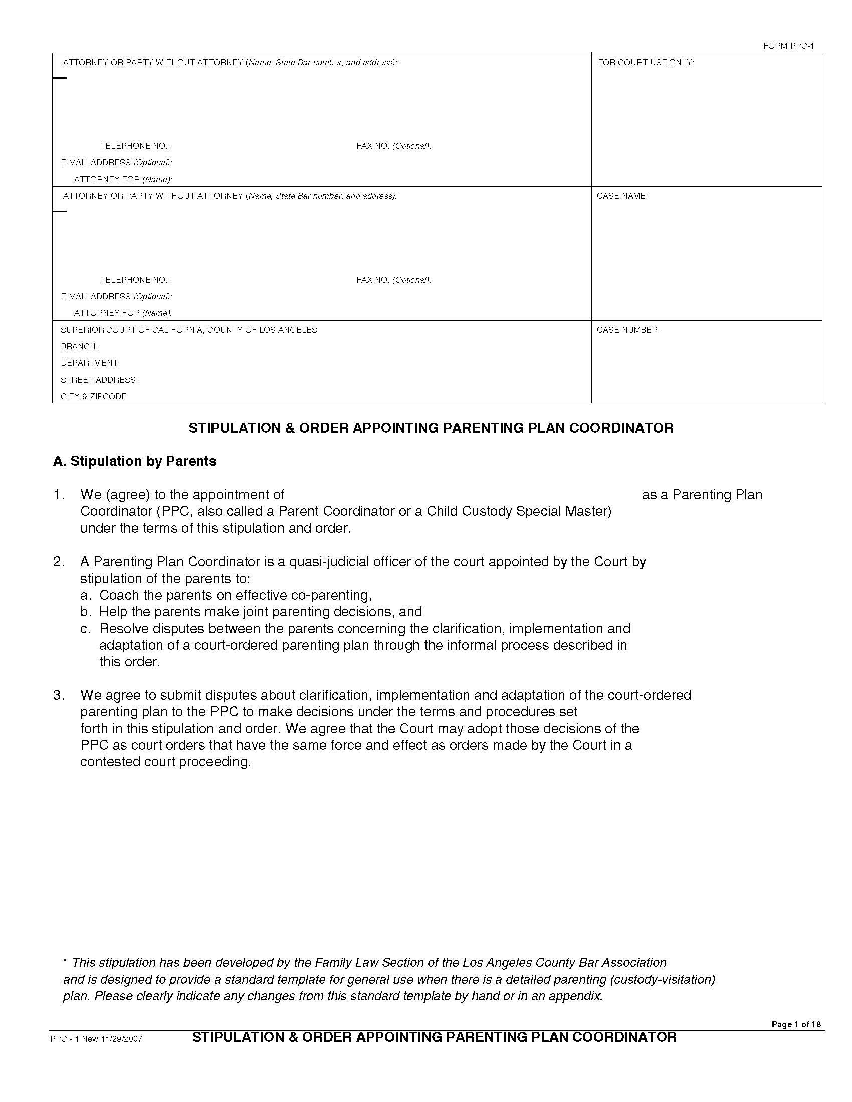 Stipulation And Order Appointing Parenting Plan Coordinator (L.A. Bar Association) {PPC-1} | Pdf Fpdf Docx | California