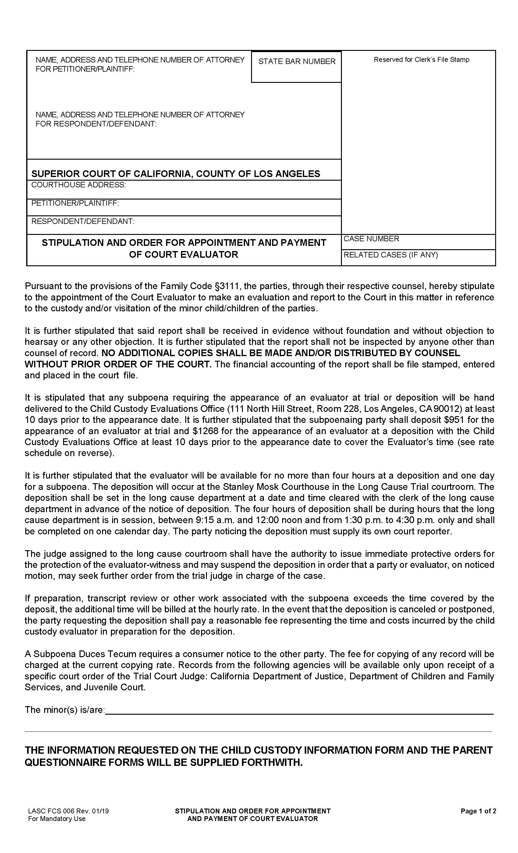 Stipulation And Order For Appointment And Payment Of Court Evaluator {FAM-FCS006} | Pdf Fpdf Docx | California