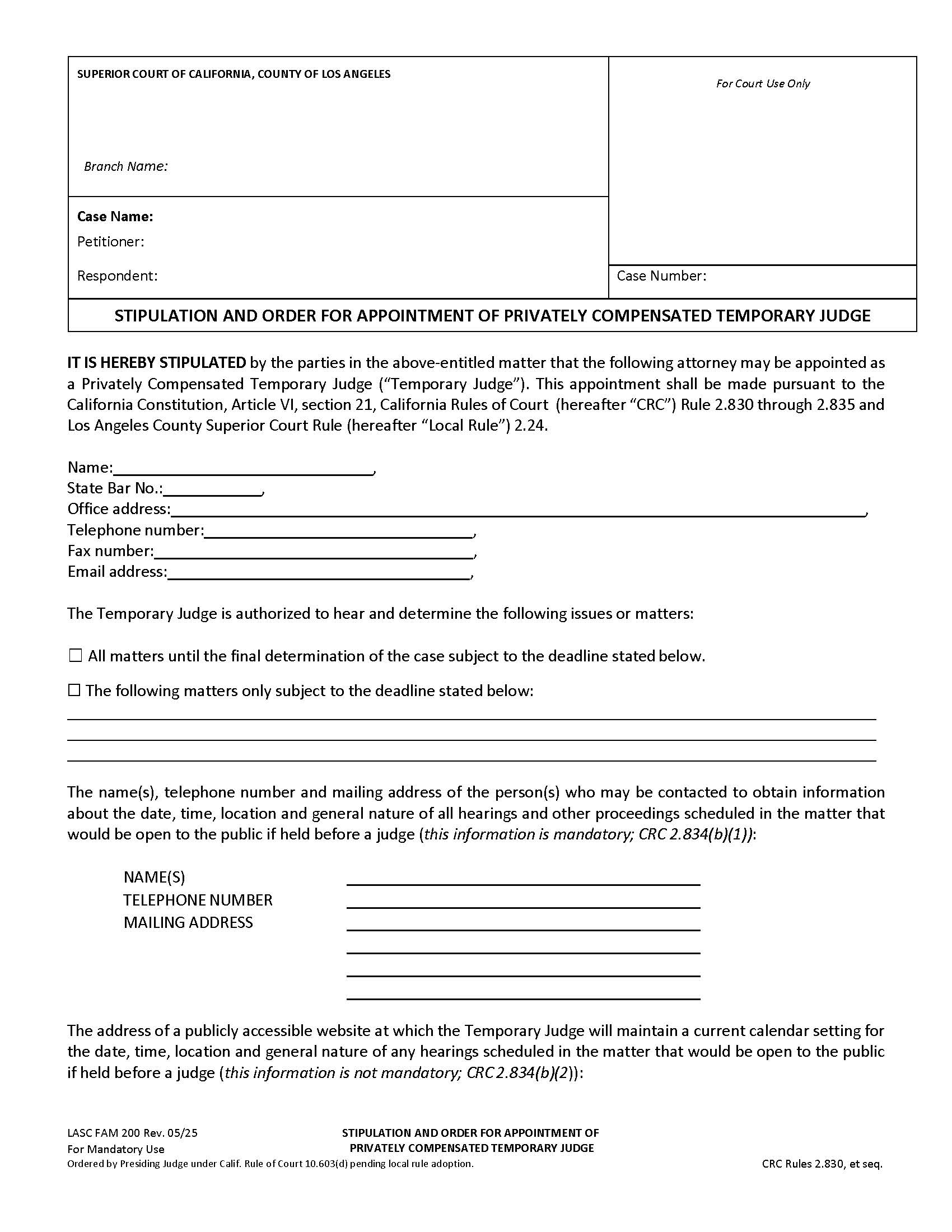 Stipulation And Order For Appointment Of Privately Compensated Temporary Judge {FAM200} | Pdf Fpdf Docx | California
