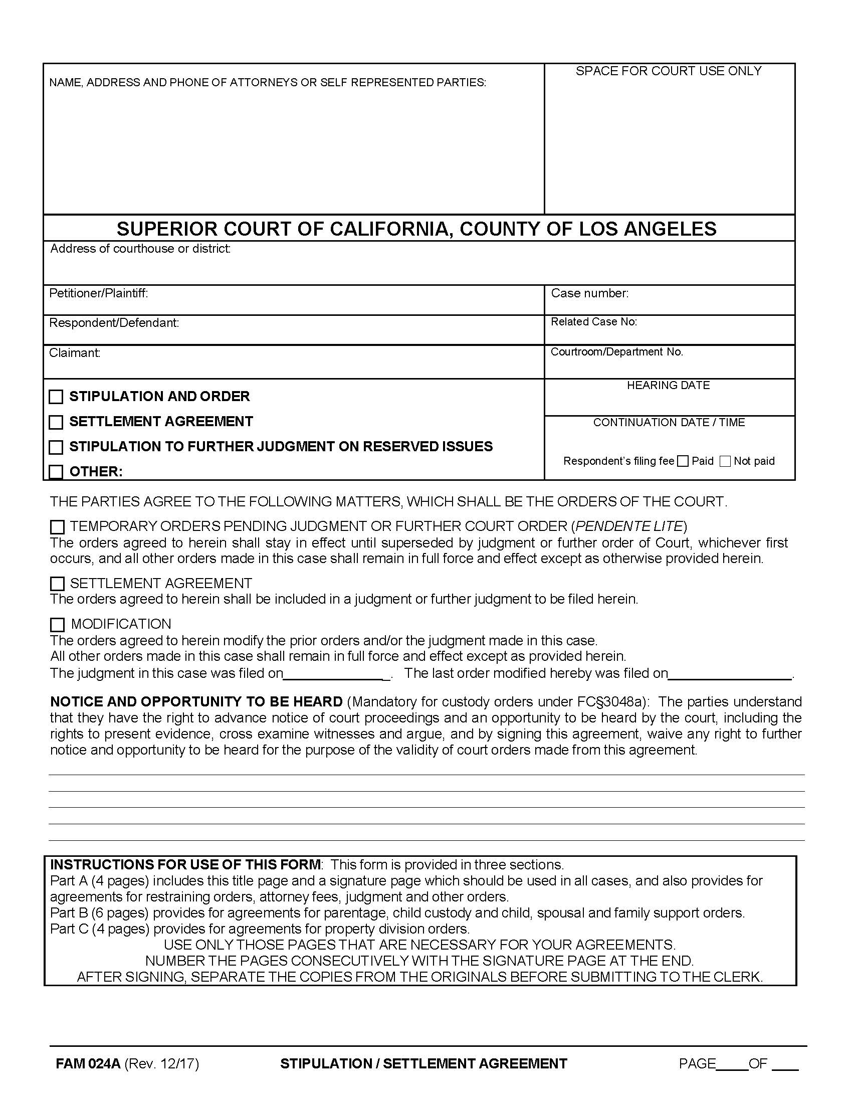 Stipulation-Settlement Agreement {FAM024A} | Pdf Fpdf Docx | California