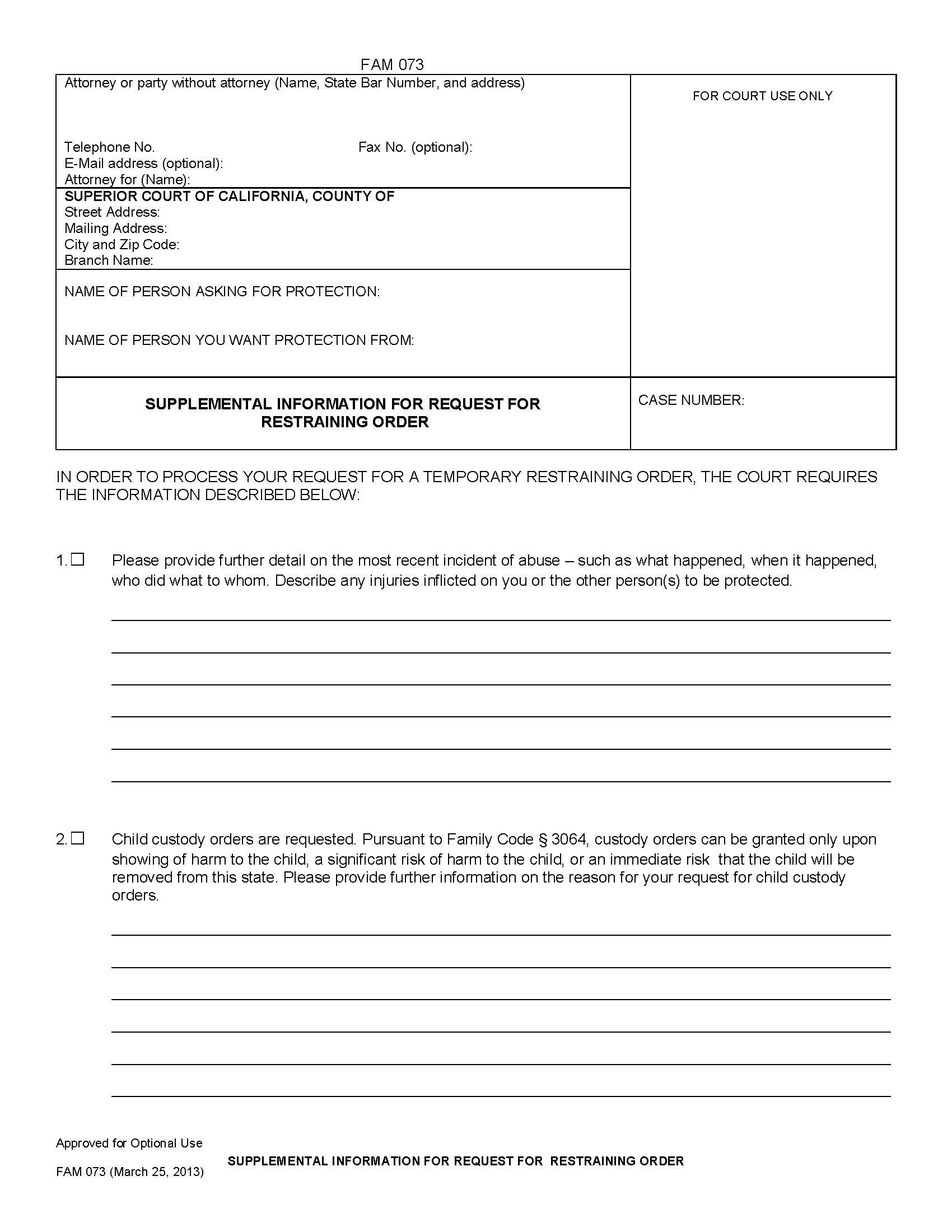 Supplemental Information For Request For Restraining Order {FAM073} | Pdf Fpdf Docx | California
