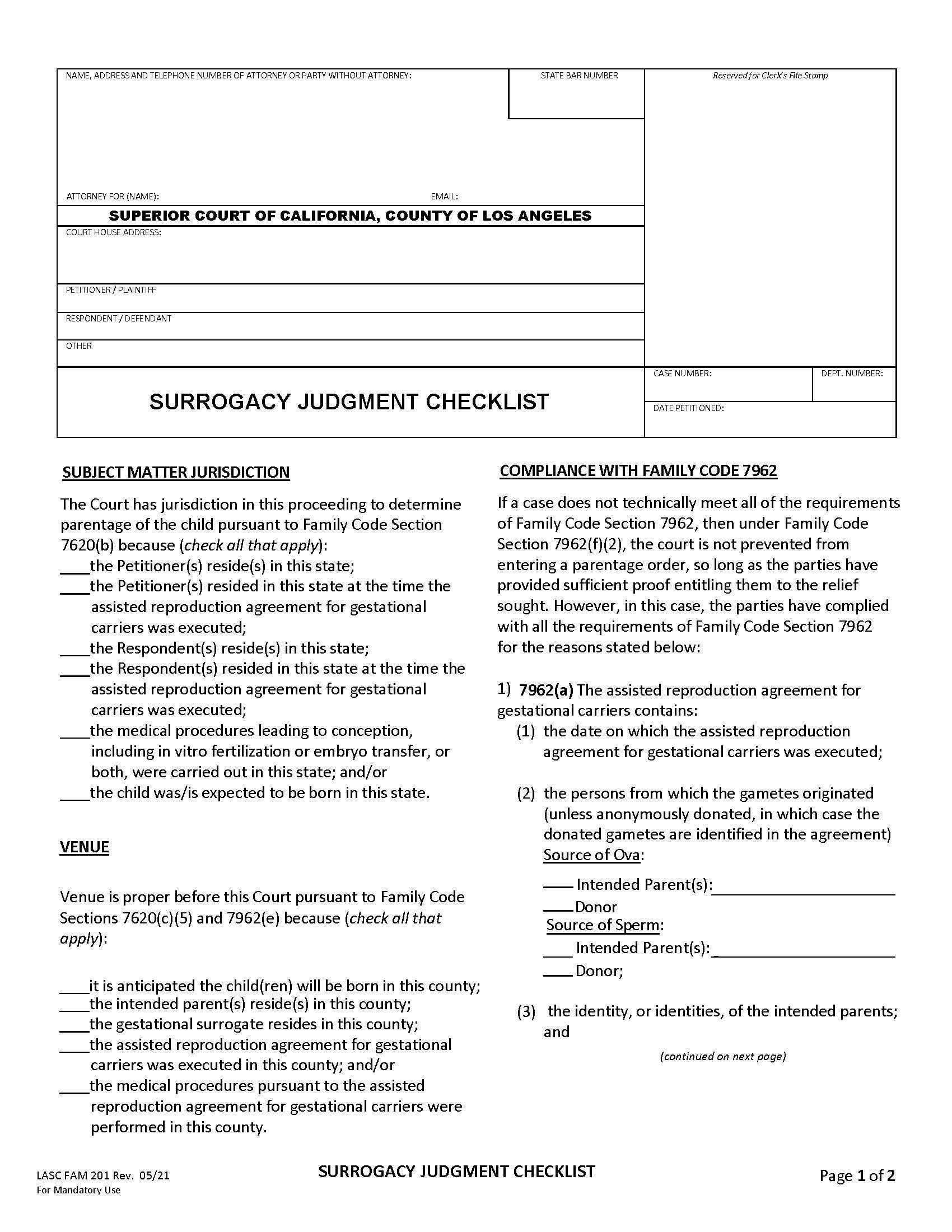 Surrogacy Judgment Checklist {FAM201} | Pdf Fpdf Docx | California