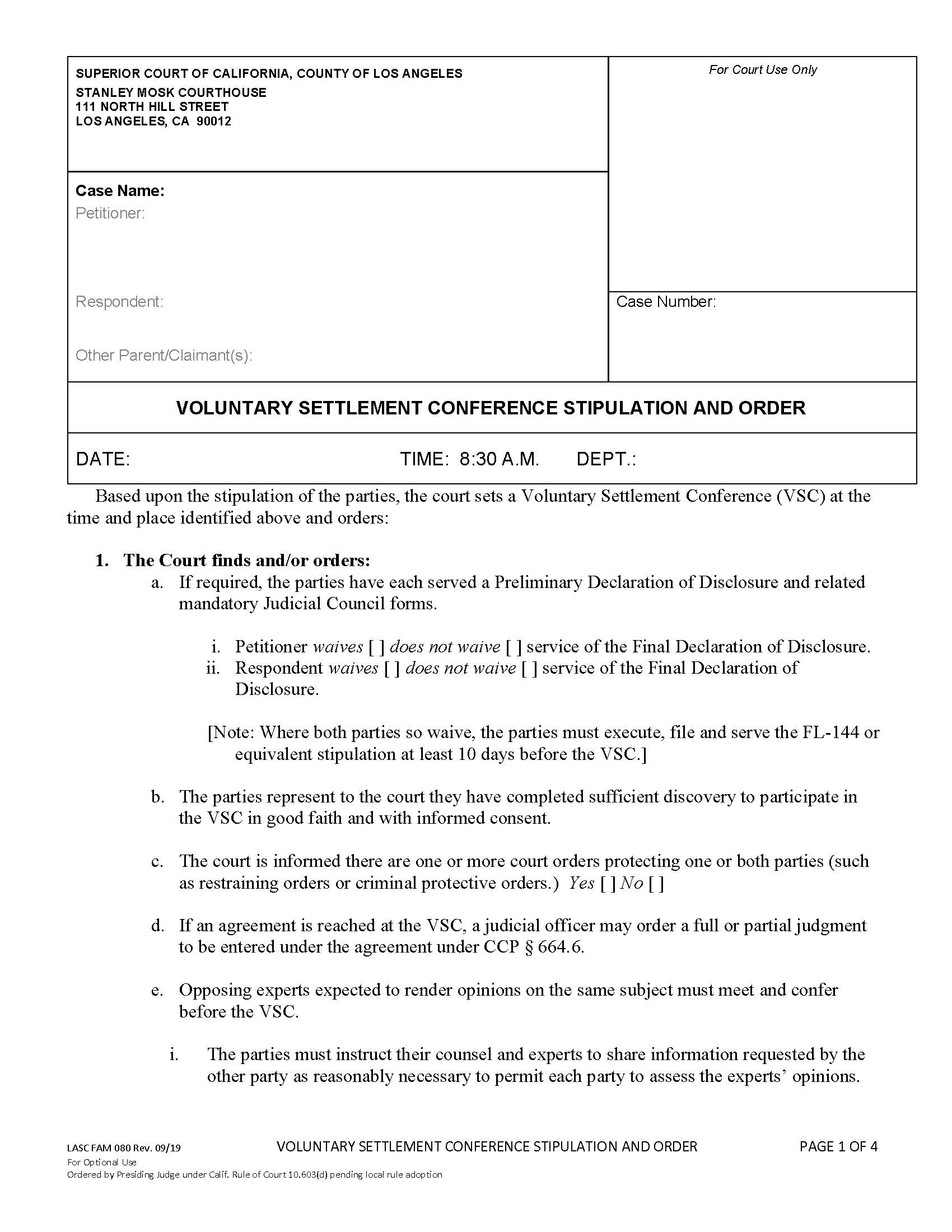 Voluntary Settlement Conference Setting {FAM 080} | Pdf Fpdf Docx | California
