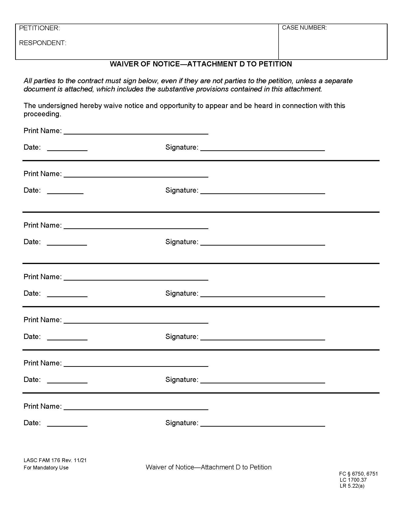 Waiver Of Notice-Attachment D To Petition {FAM176} | Pdf Fpdf Docx | California