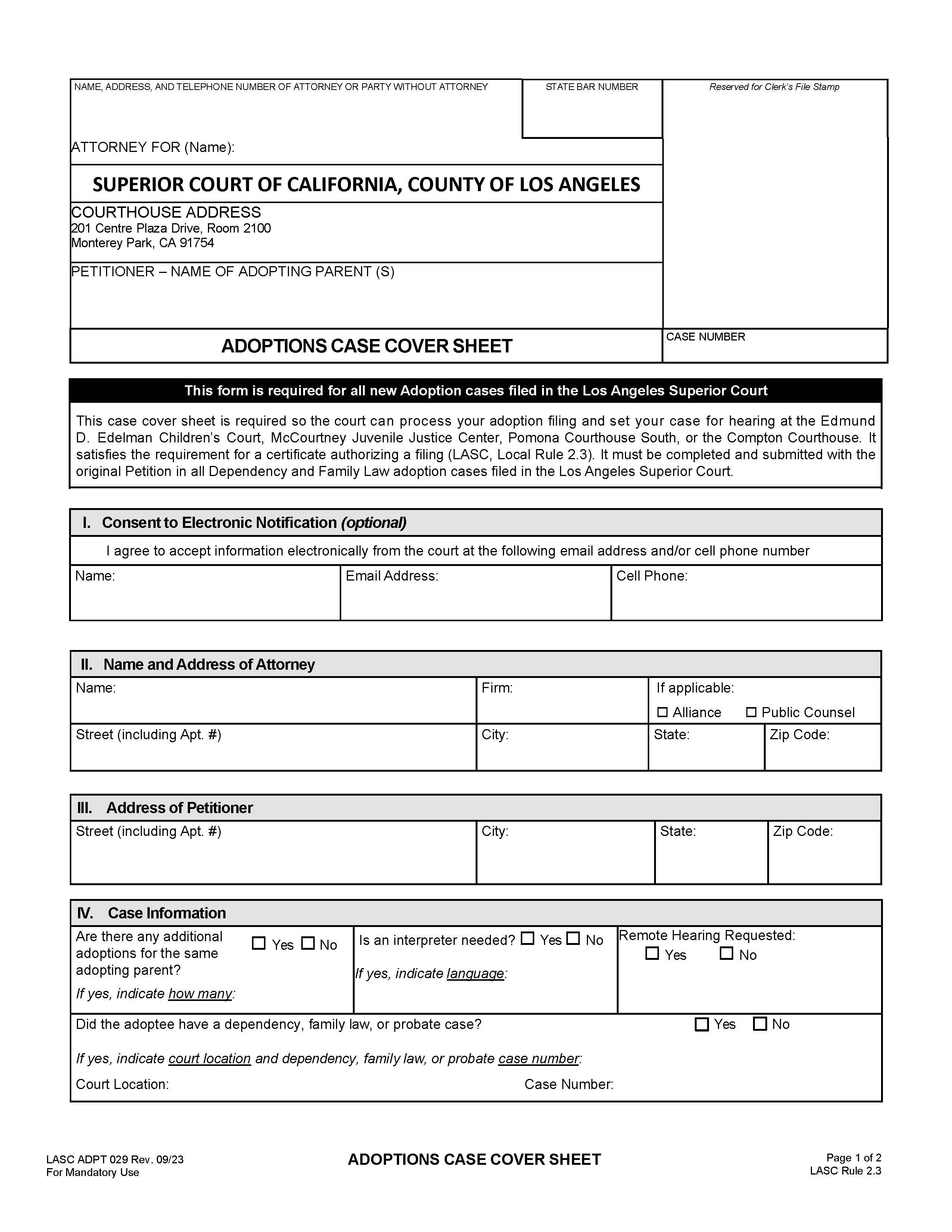 Adoption Case Cover Sheet {ADPT 029} | Pdf Fpdf Docx | California