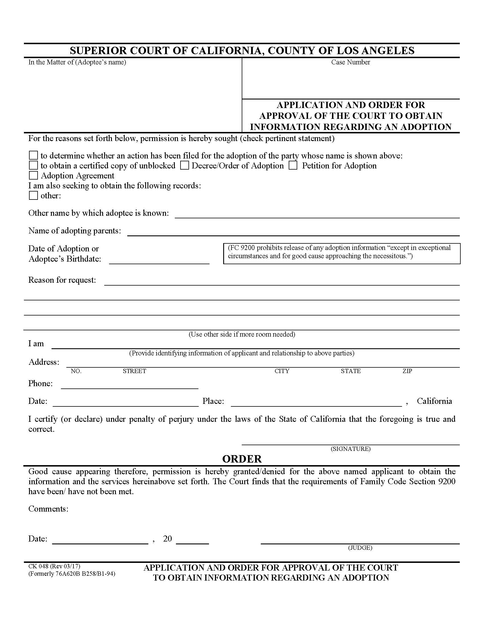 Application And Order For Approval Of The Court To Obtain Information {CK048} | Pdf Fpdf Doc Docx | California